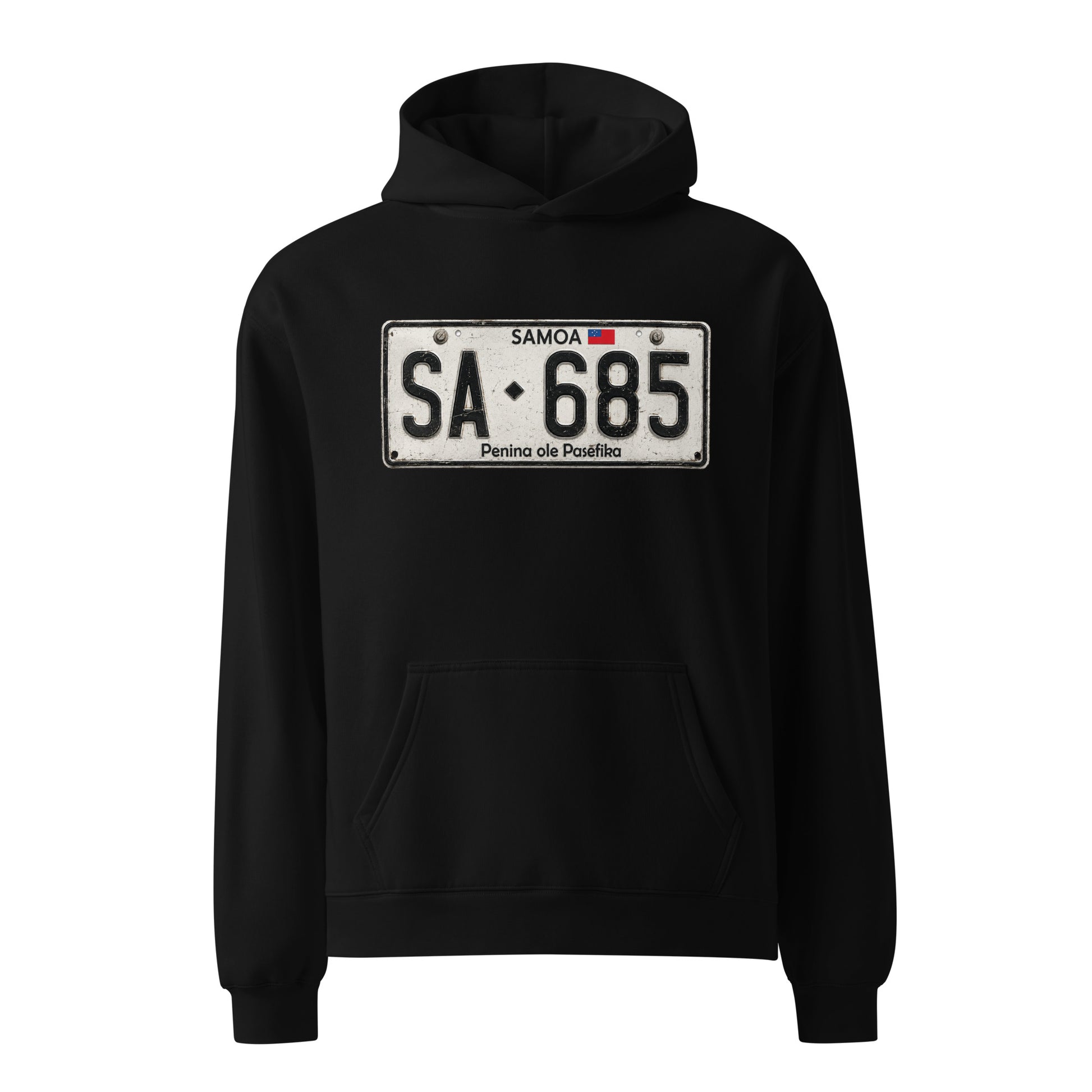 A black pullover hoodie featuring a distressed-style license plate graphic on the chest that reads 'SAMOA SA-685 Penina de Pascualito' with a small flag detail, shown against a plain white background.