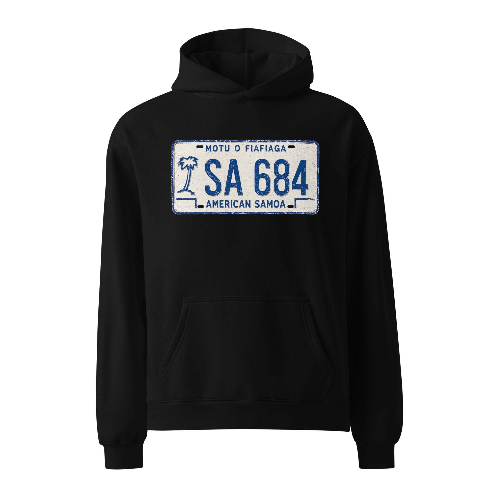 Black hoodie with American Samoa license plate design on a white background
