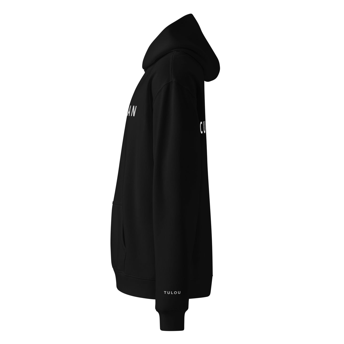 Black hoodie with a small logo on the sleeve against a white background