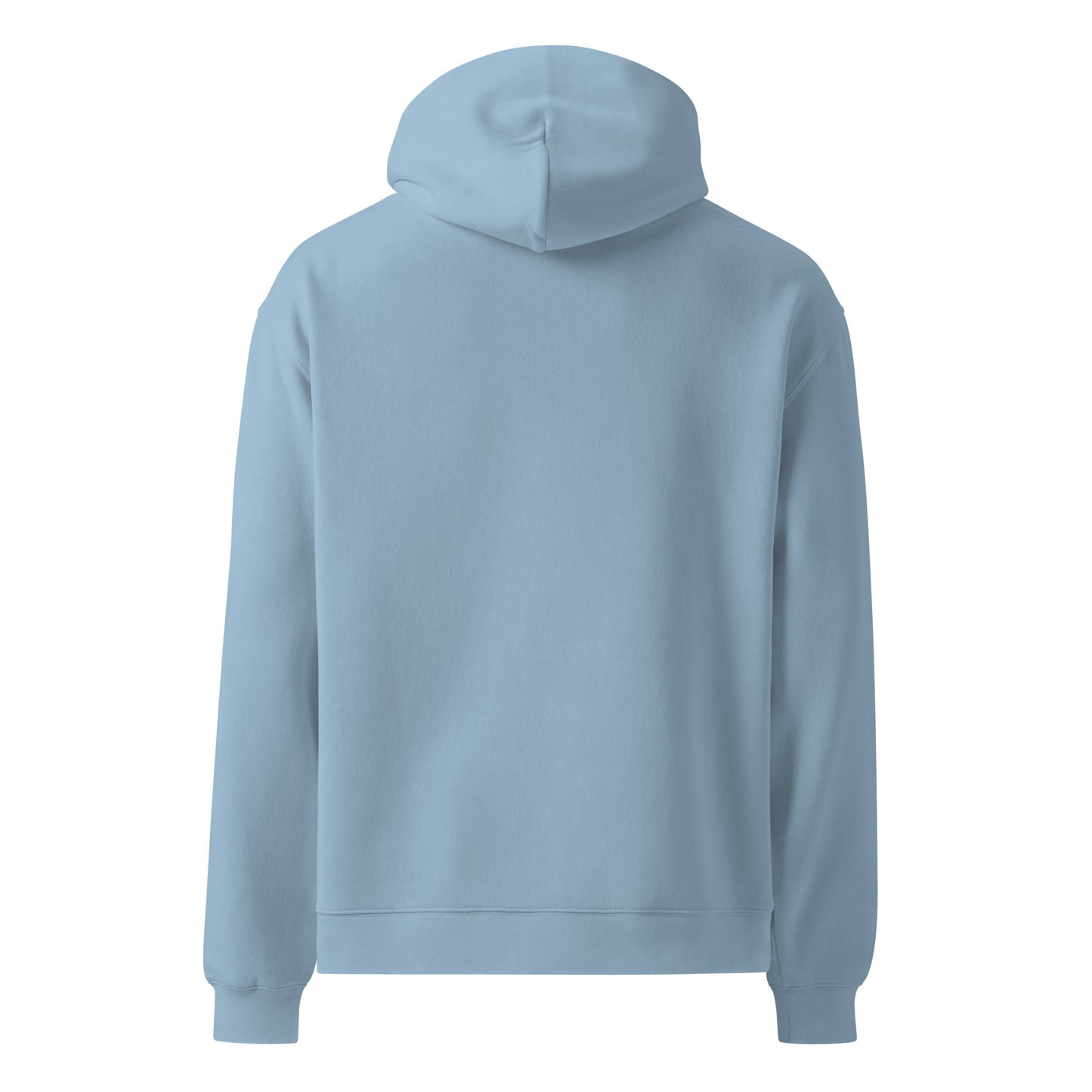 Back of a carolina blue hoodie against a white background