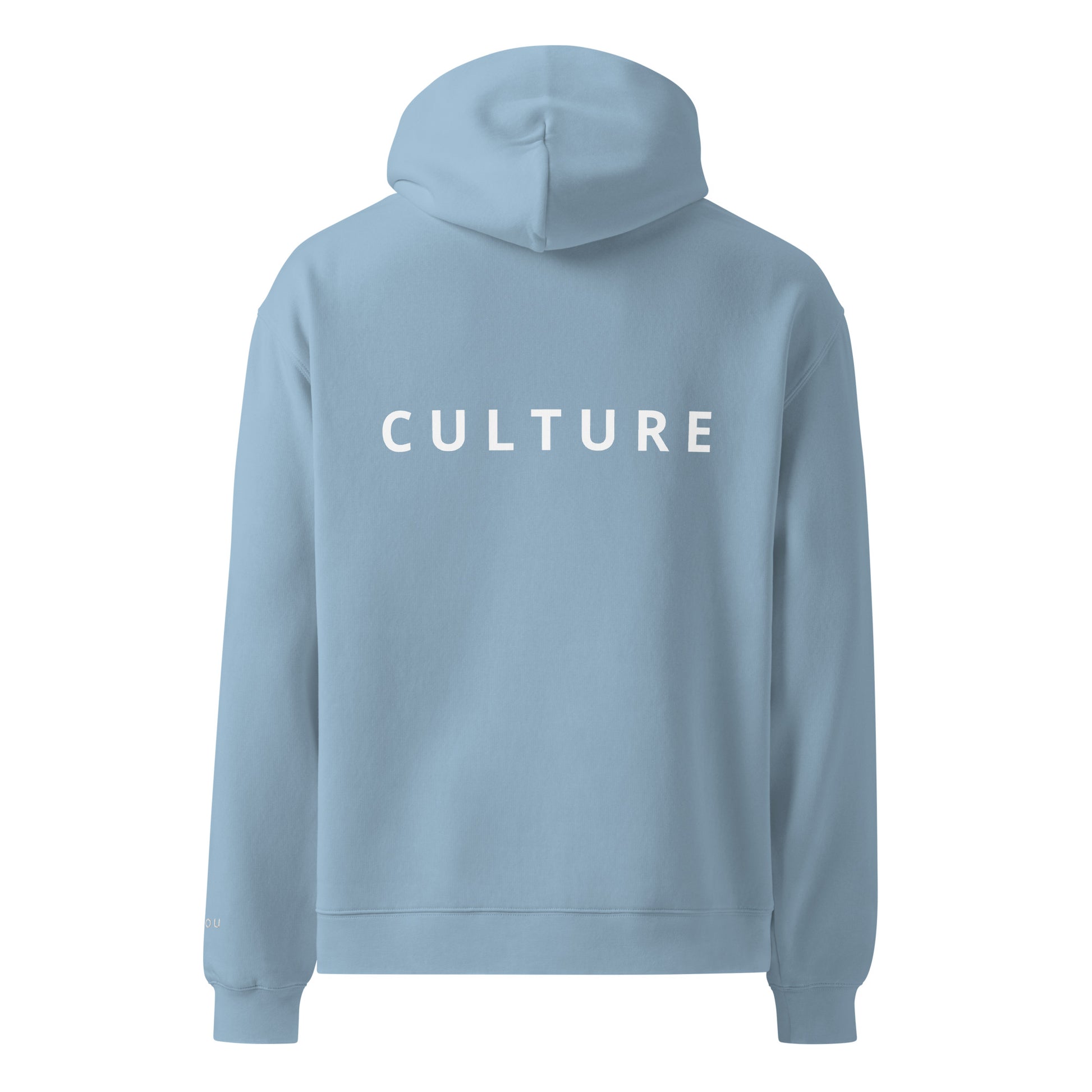 carolina blue hoodie shown from the back, featuring the word 'CULTURE' printed in black capital letters across the upper back.