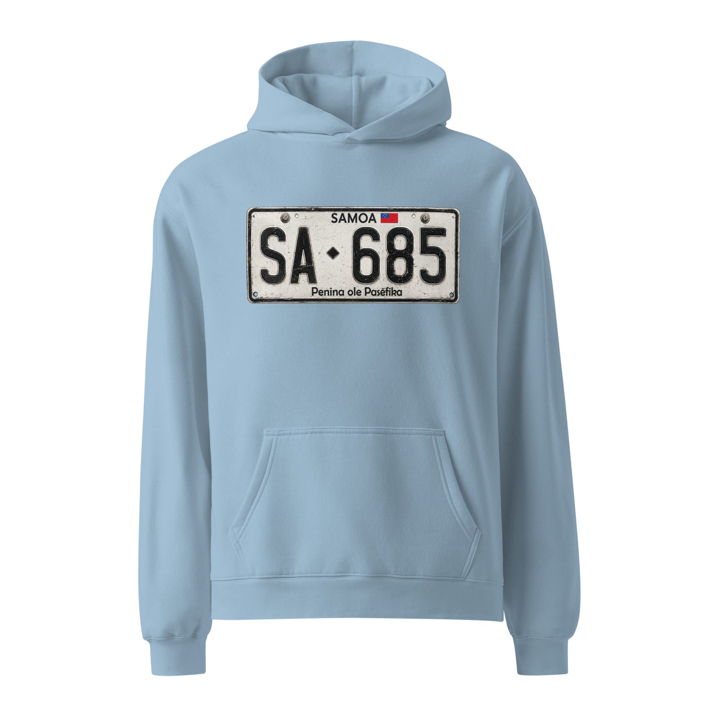 A light blue pullover hoodie with a front kangaroo pocket and a novelty license plate graphic on the chest that reads 'SA 685' with 'Samoa' and 'Penina o Pasefika' details.
