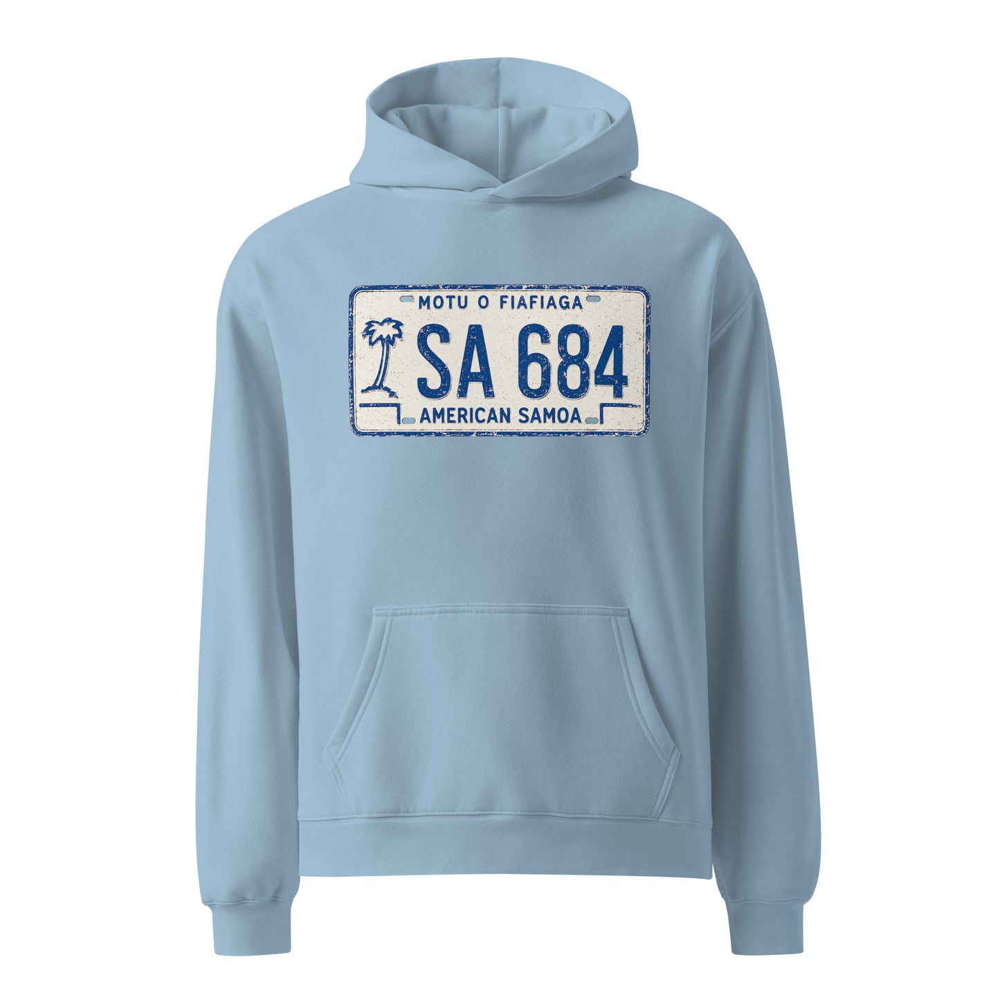 Carolina Blue hoodie with American Samoa license plate design on a white background