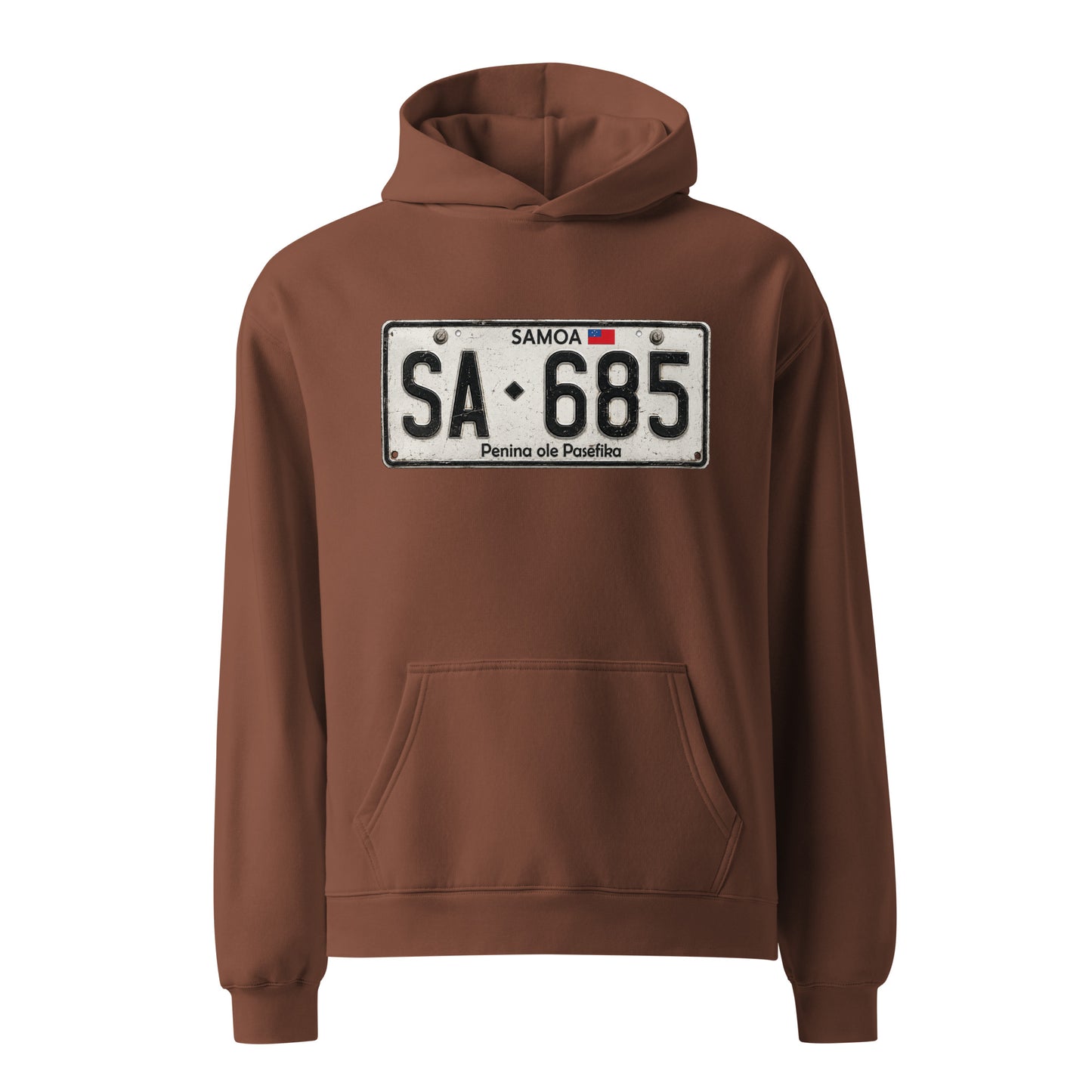 Chestnut color hoodie with Samoa license plate graphic