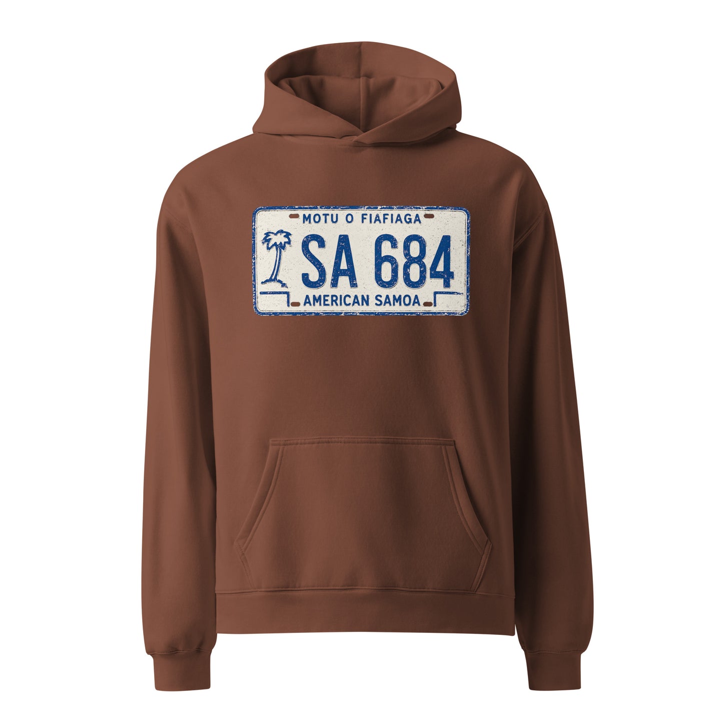 Chestnut hoodie with American Samoa license plate design on a white background
