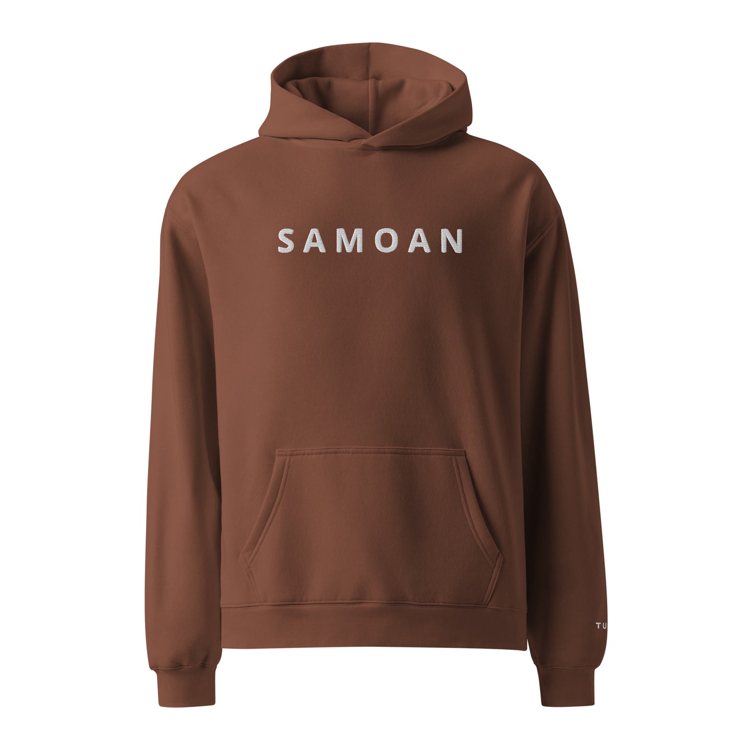 chestnut brown hoodie with 'Samoan' text on a white background