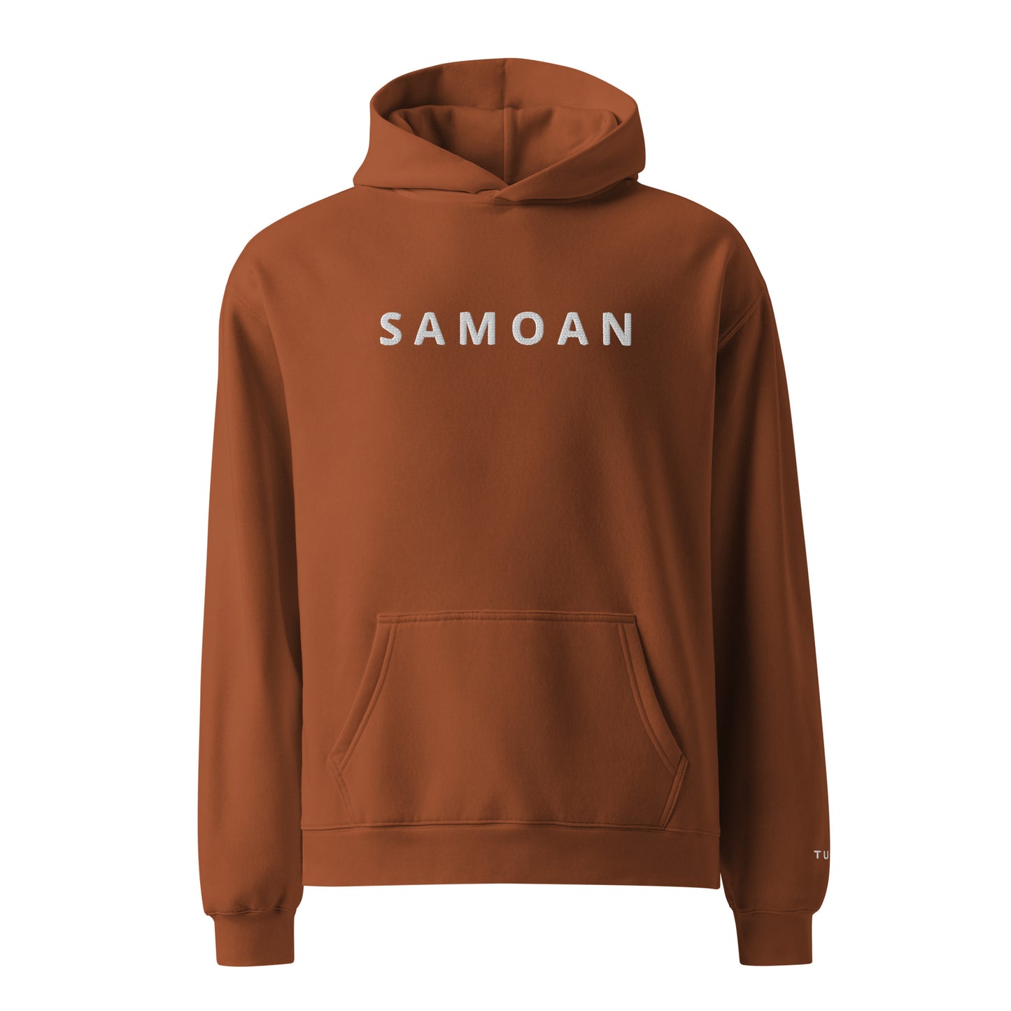 clay color hoodie with 'Samoan' text on a white background