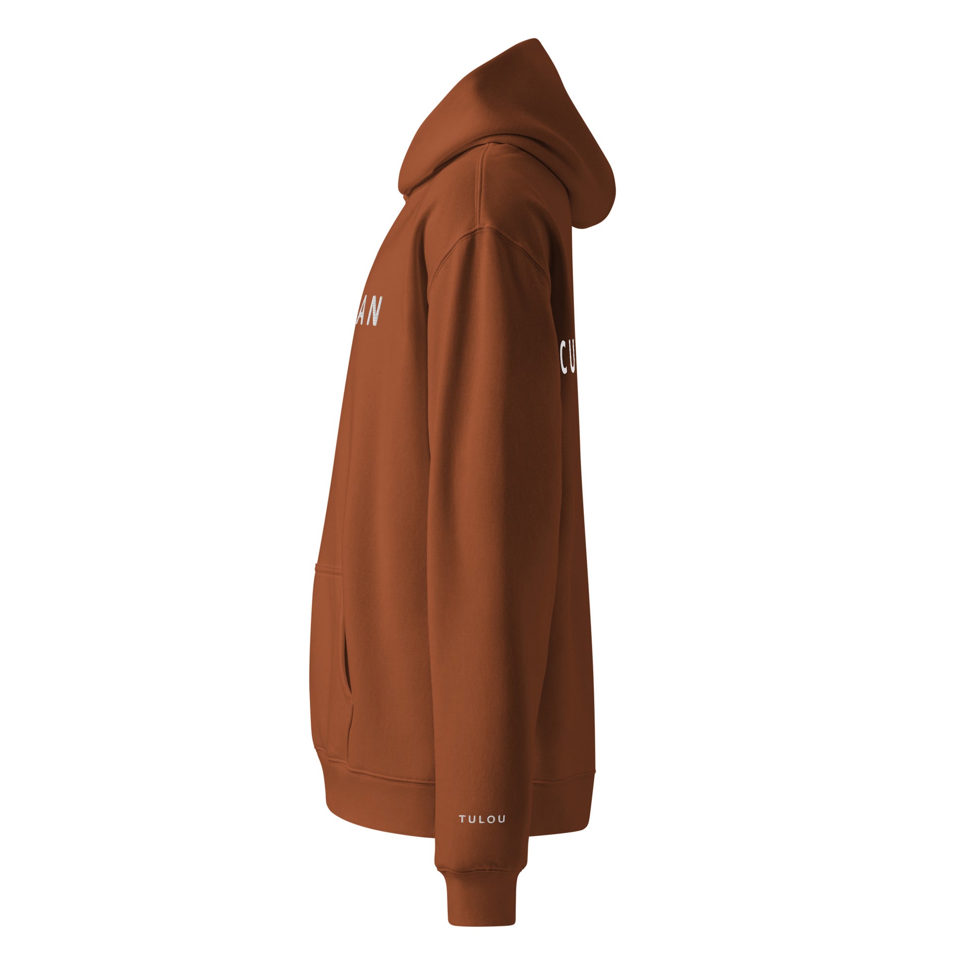 clay color hoodie with a small logo on the sleeve against a white background