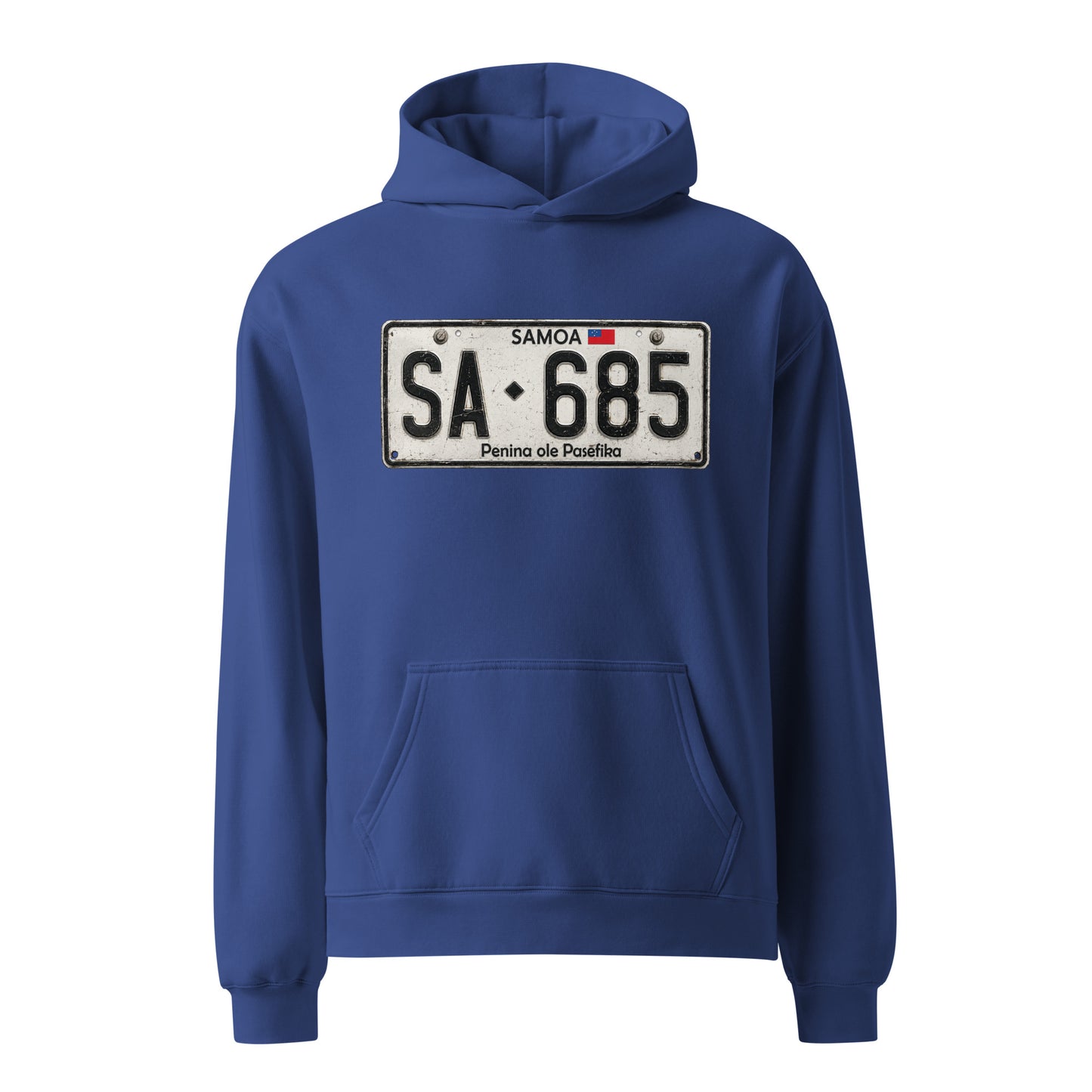 Cobalt Blue hoodie with Samoa License plate graphic