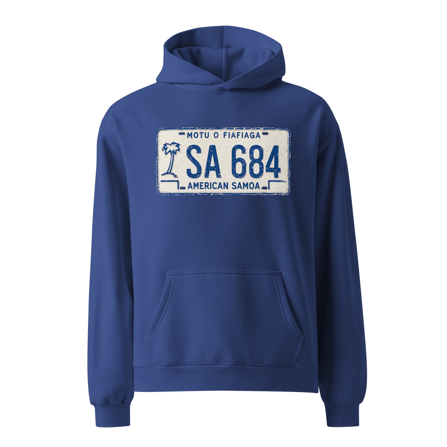 Cobalt hoodie with American Samoa license plate design on a white background