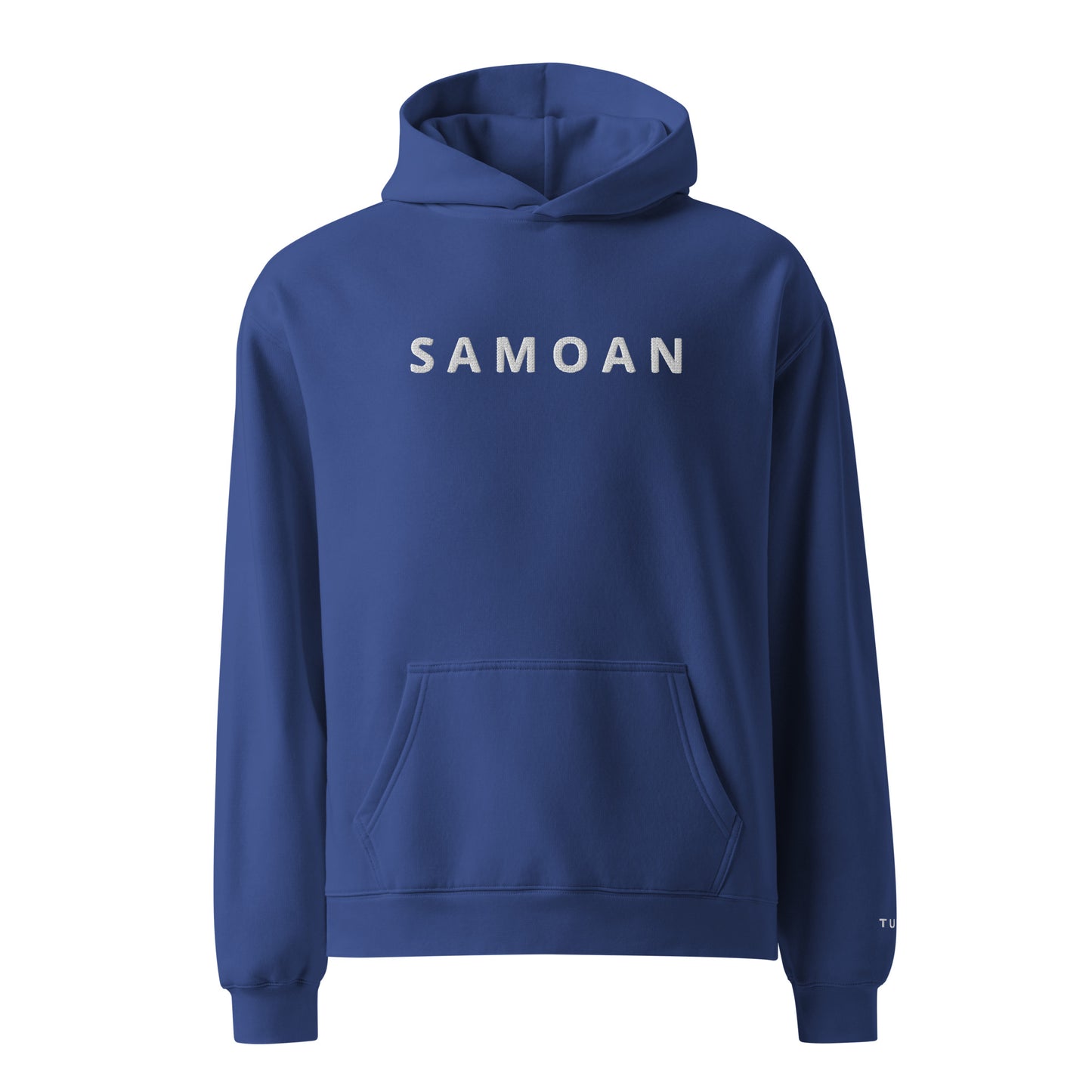 cobalt color hoodie with 'Samoan' text on a white background