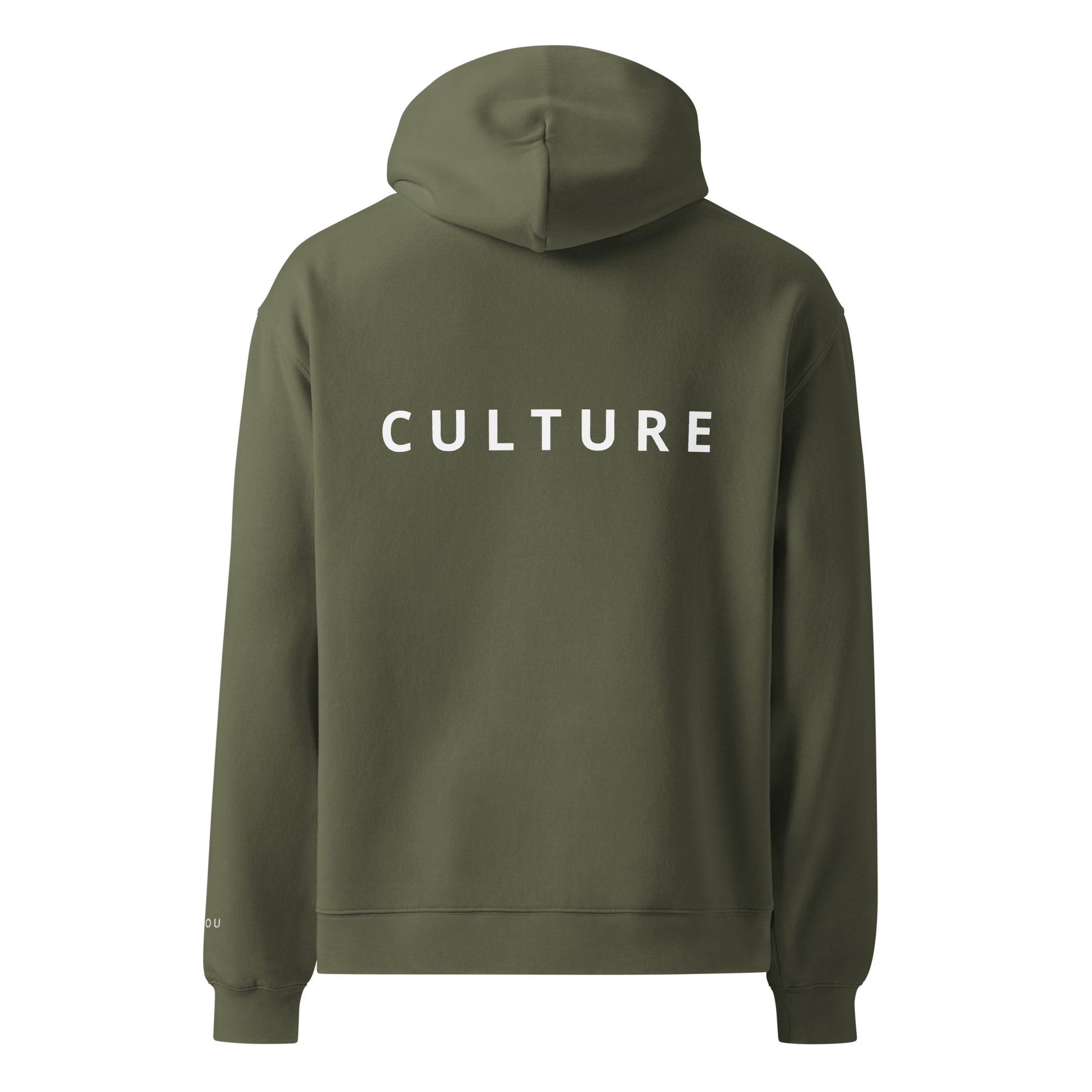 cypress color hoodie shown from the back, featuring the word 'CULTURE' printed in black capital letters across the upper back.