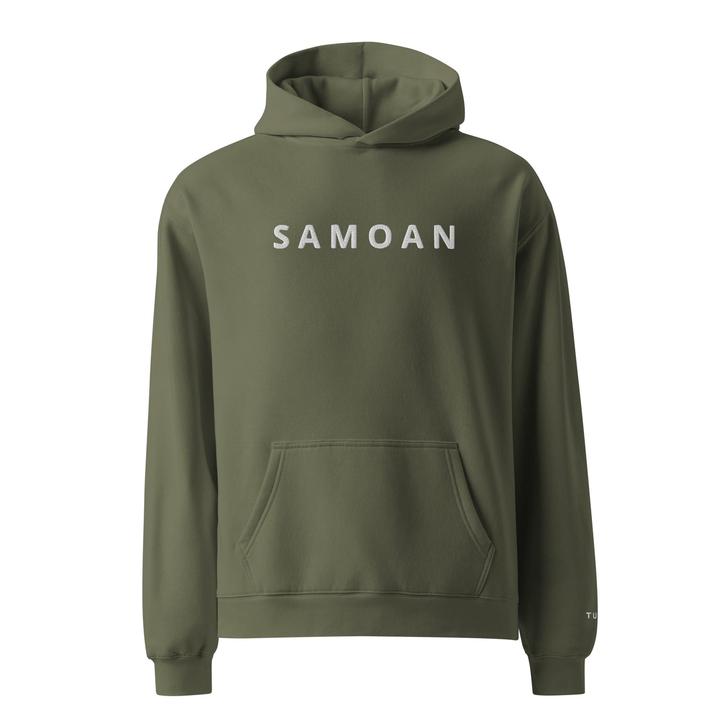 cypress color hoodie with 'Samoan' text on a white background