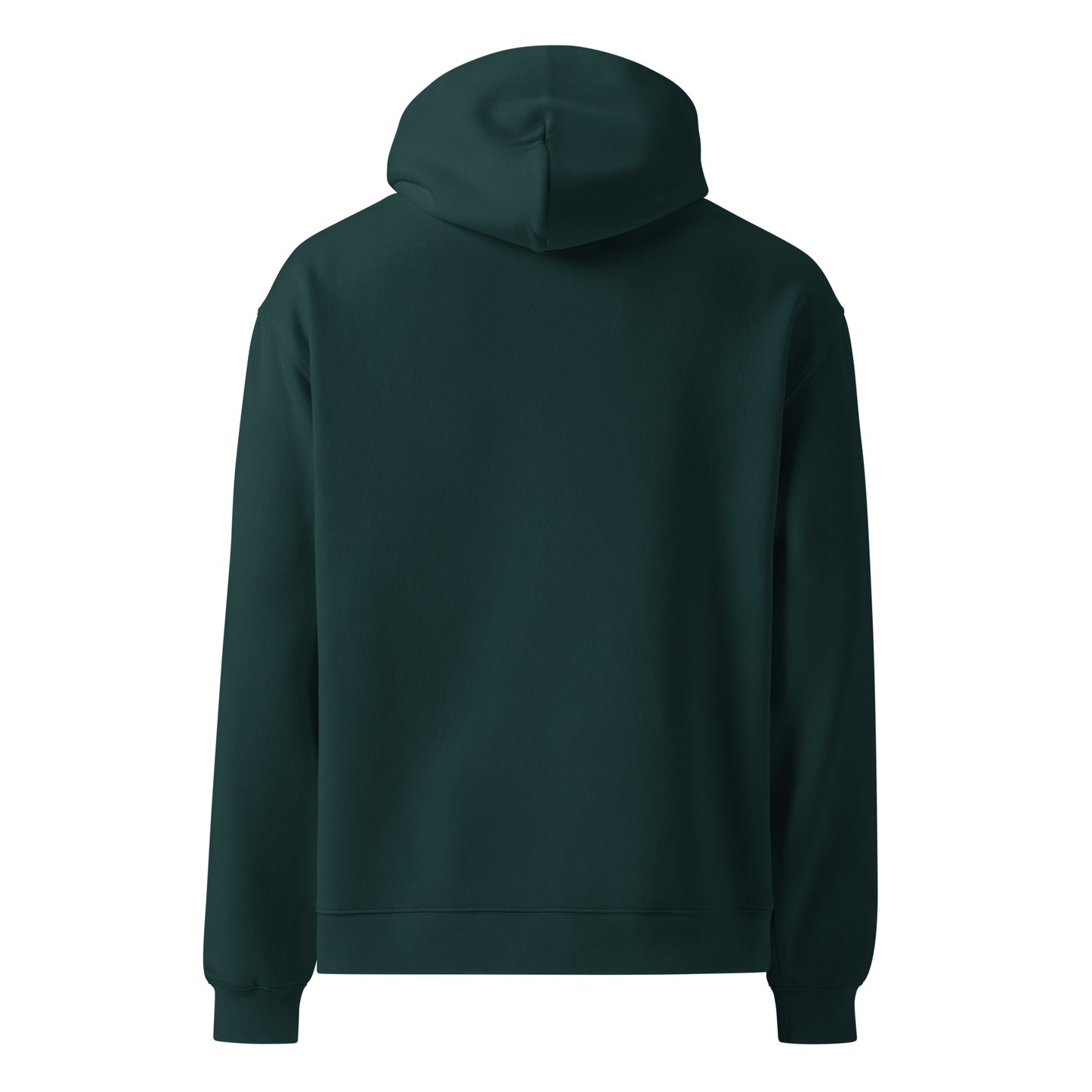 Back of pine green hoodie against a white background