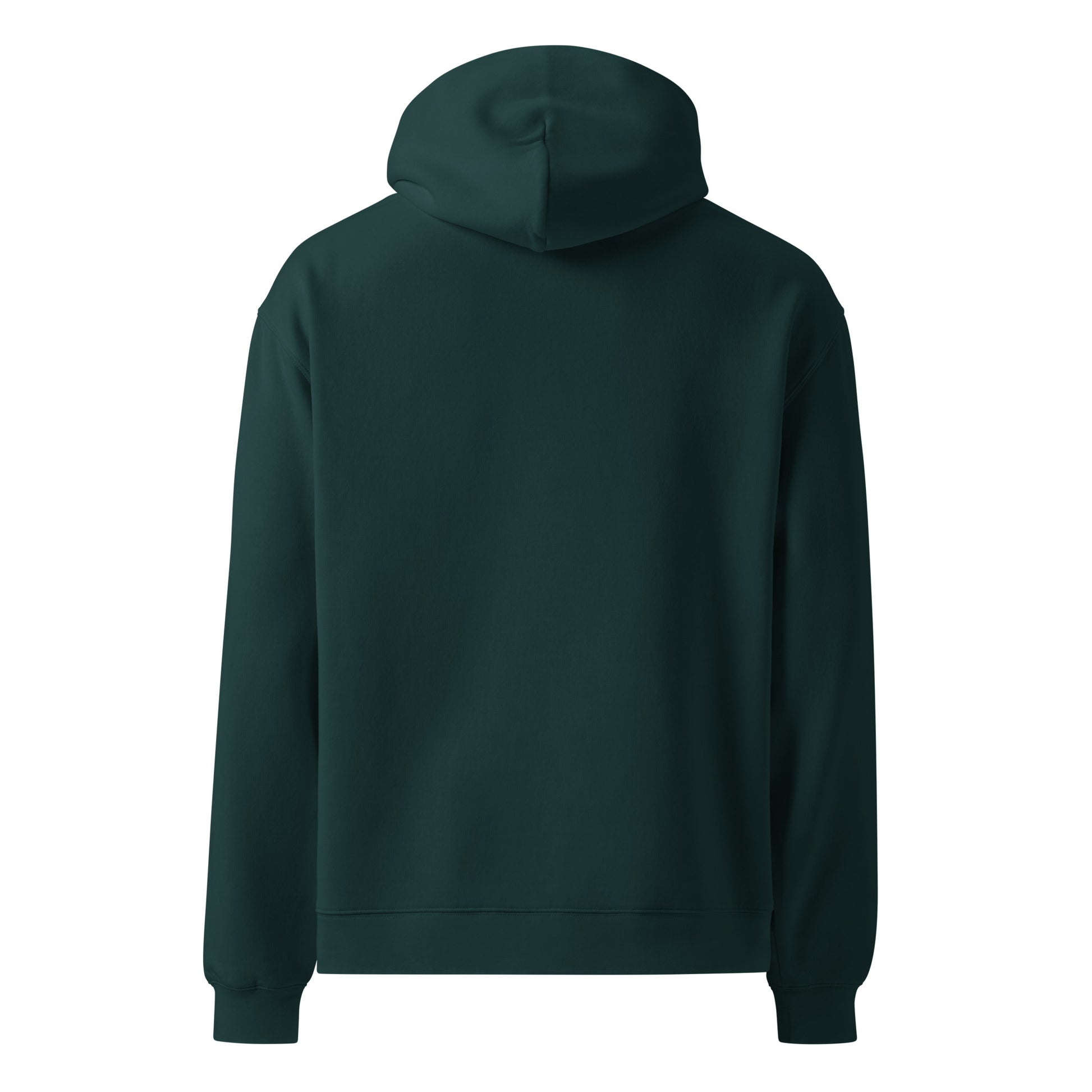Back of pine green hoodie against a white background