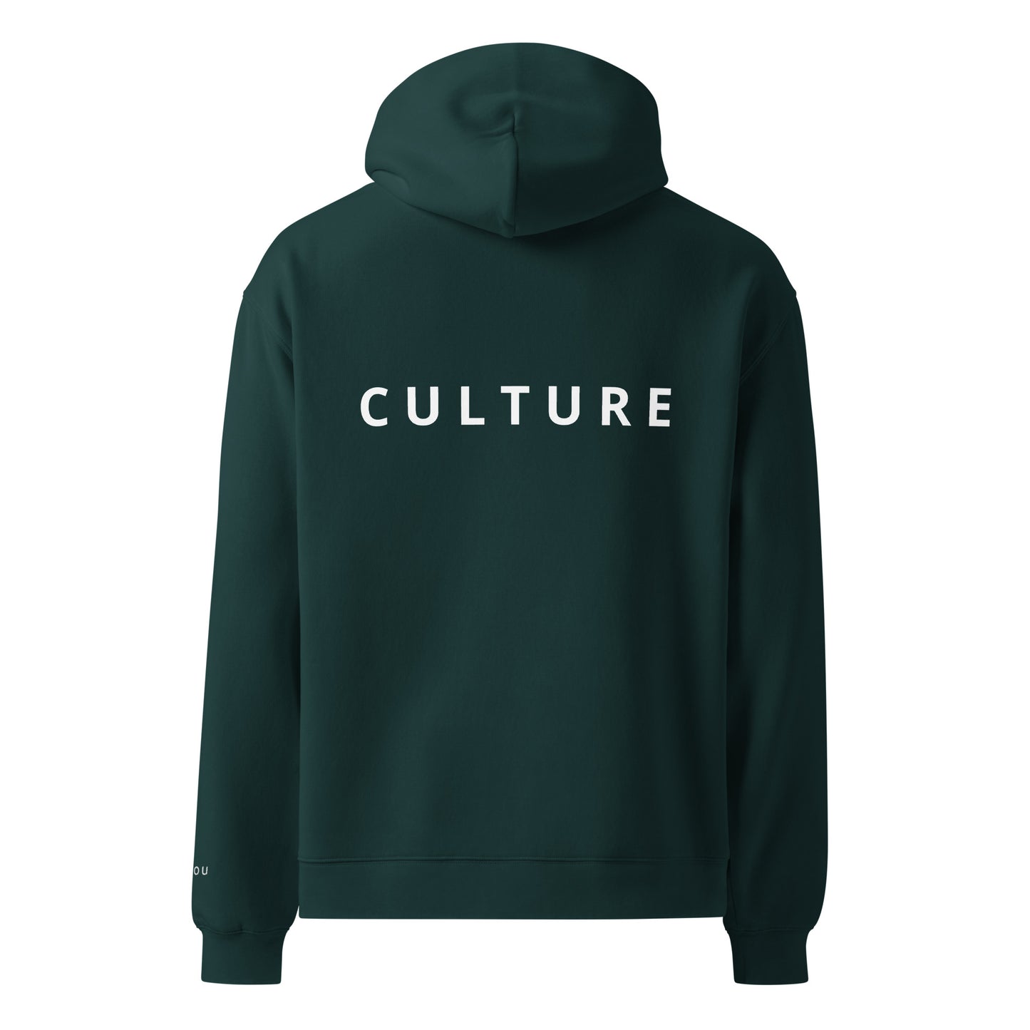 pine green hoodie shown from the back, featuring the word 'CULTURE' printed in black capital letters across the upper back.