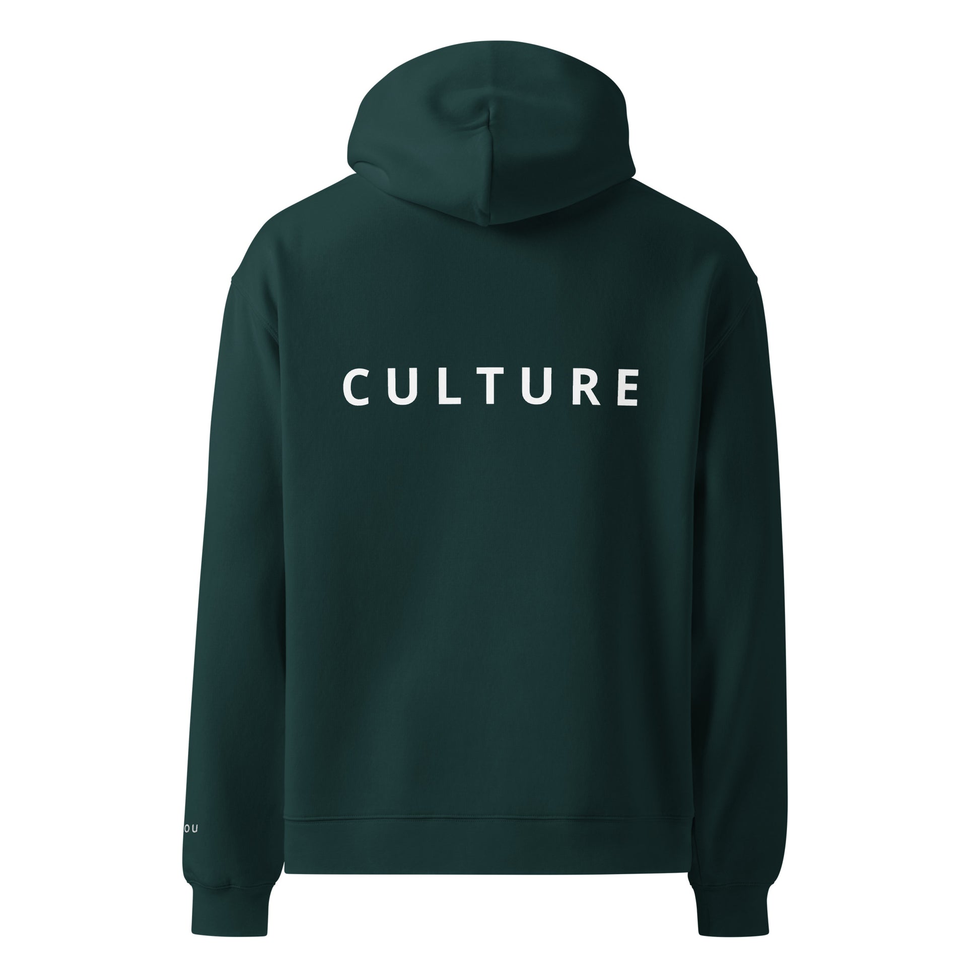 pine green hoodie shown from the back, featuring the word 'CULTURE' printed in black capital letters across the upper back.