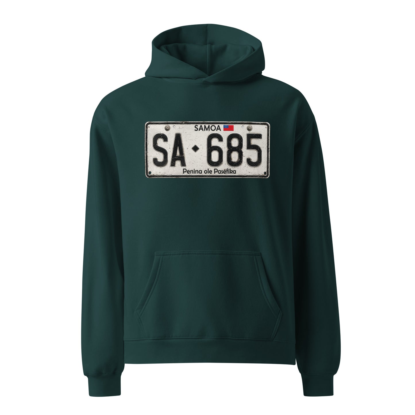 A dark green pullover hoodie with a novelty license plate graphic on the chest reading 'SAMOA SA-685 Penina de Pascualito'. The hoodie is shown against a plain white background.
