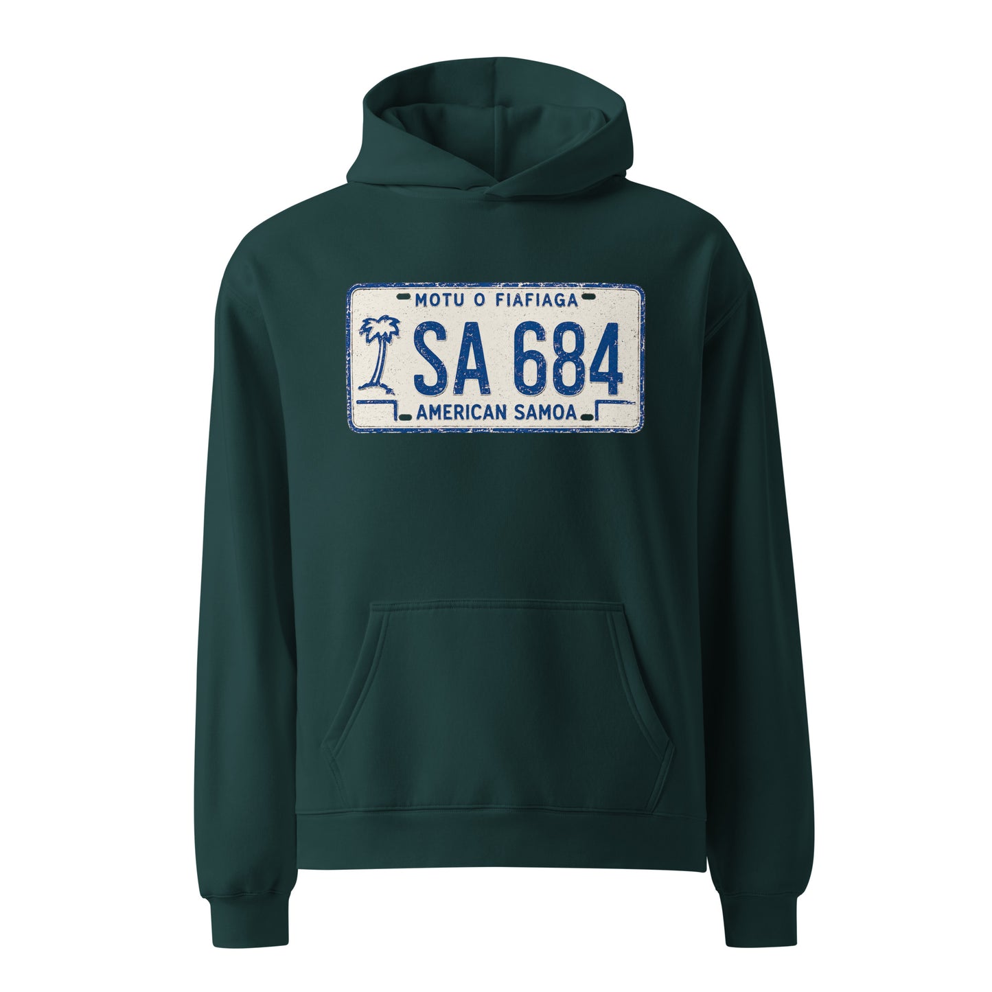Pine green hoodie with American Samoa license plate design on a white background