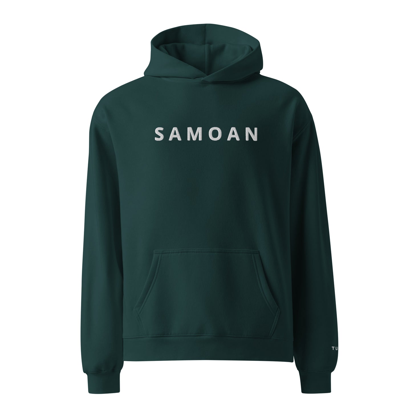 Pine green hoodie with 'Samoan' text on a white background