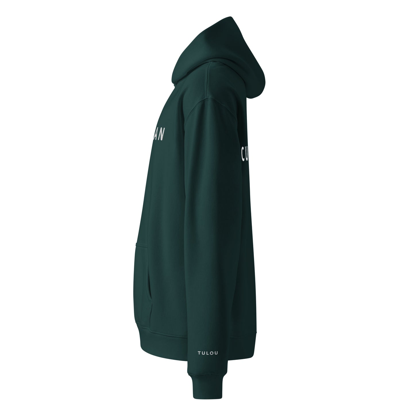 Pine green hoodie with a small logo on the sleeve against a white background