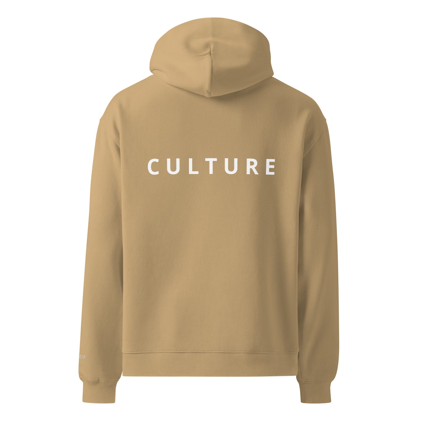 sand color hoodie shown from the back, featuring the word 'CULTURE' printed in black capital letters across the upper back.