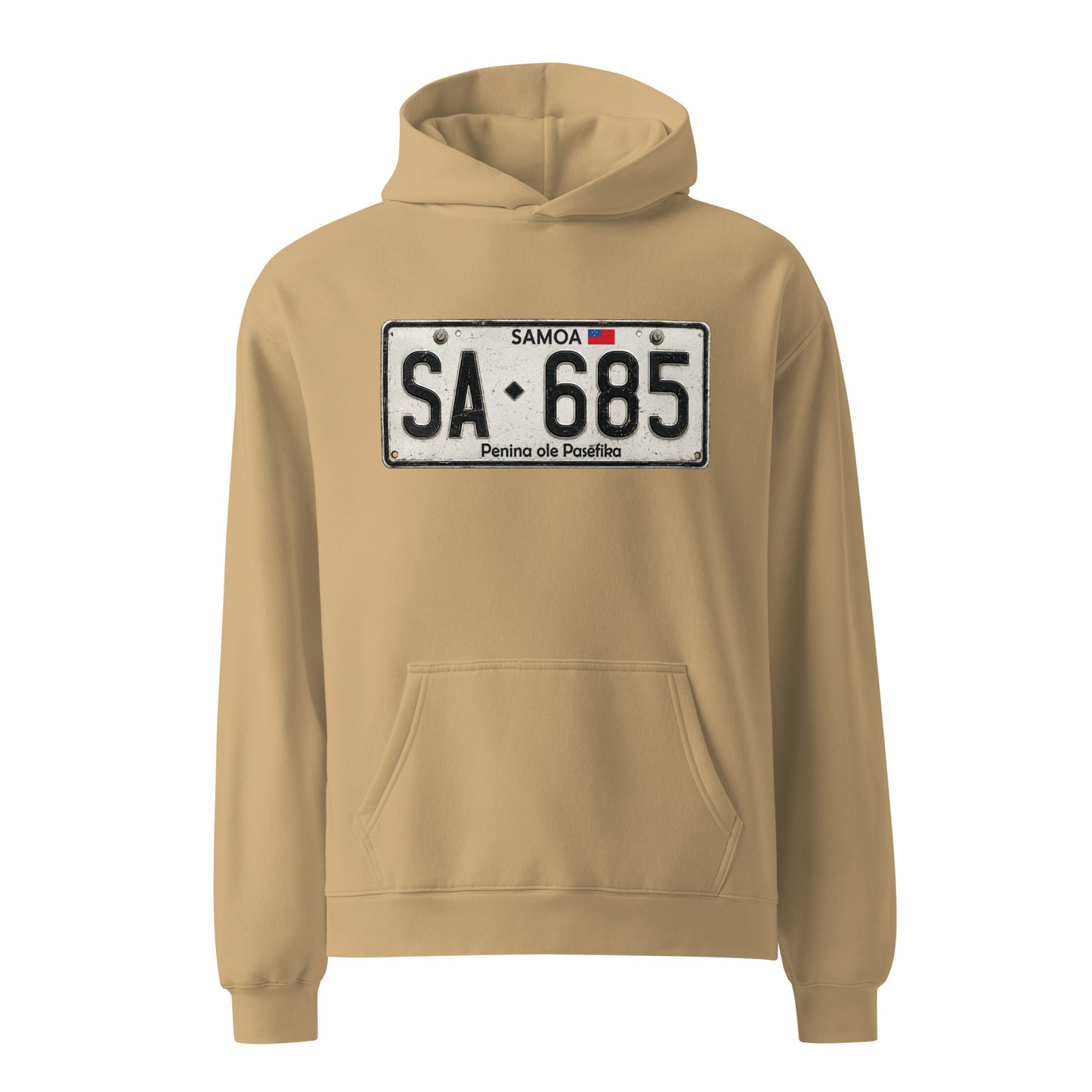 A tan pullover hoodie featuring a novelty license plate graphic on the chest.