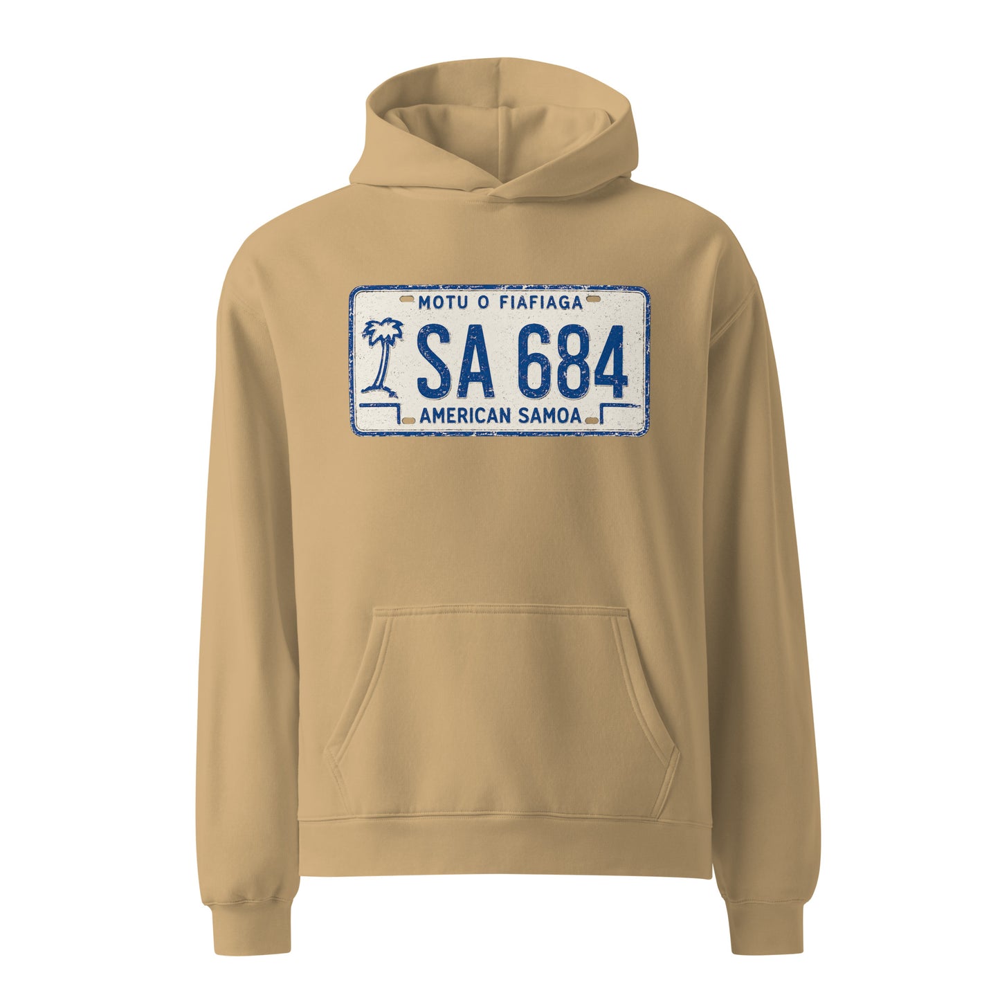 Sand color hoodie with American Samoa license plate design on a white background
