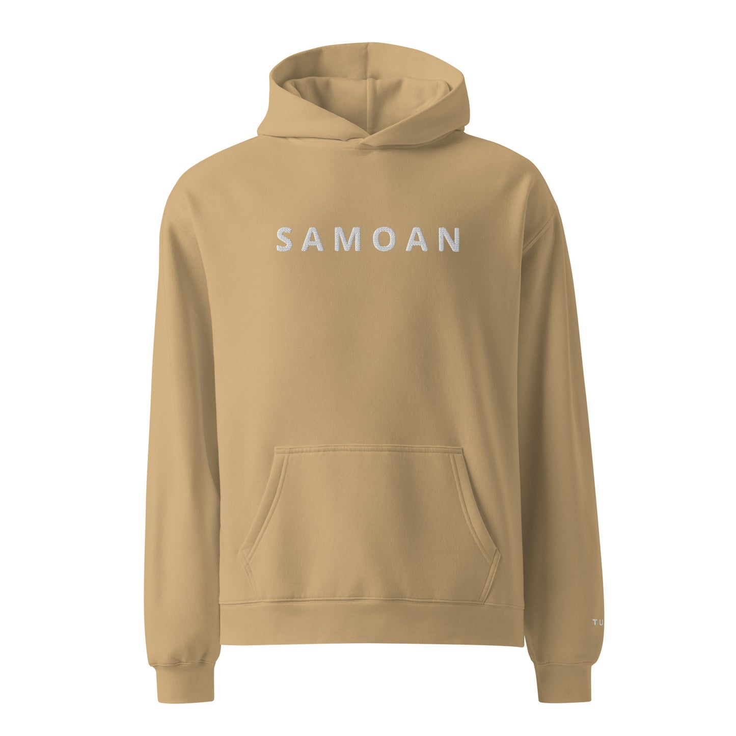 sand color hoodie with 'Samoan' text on a white background