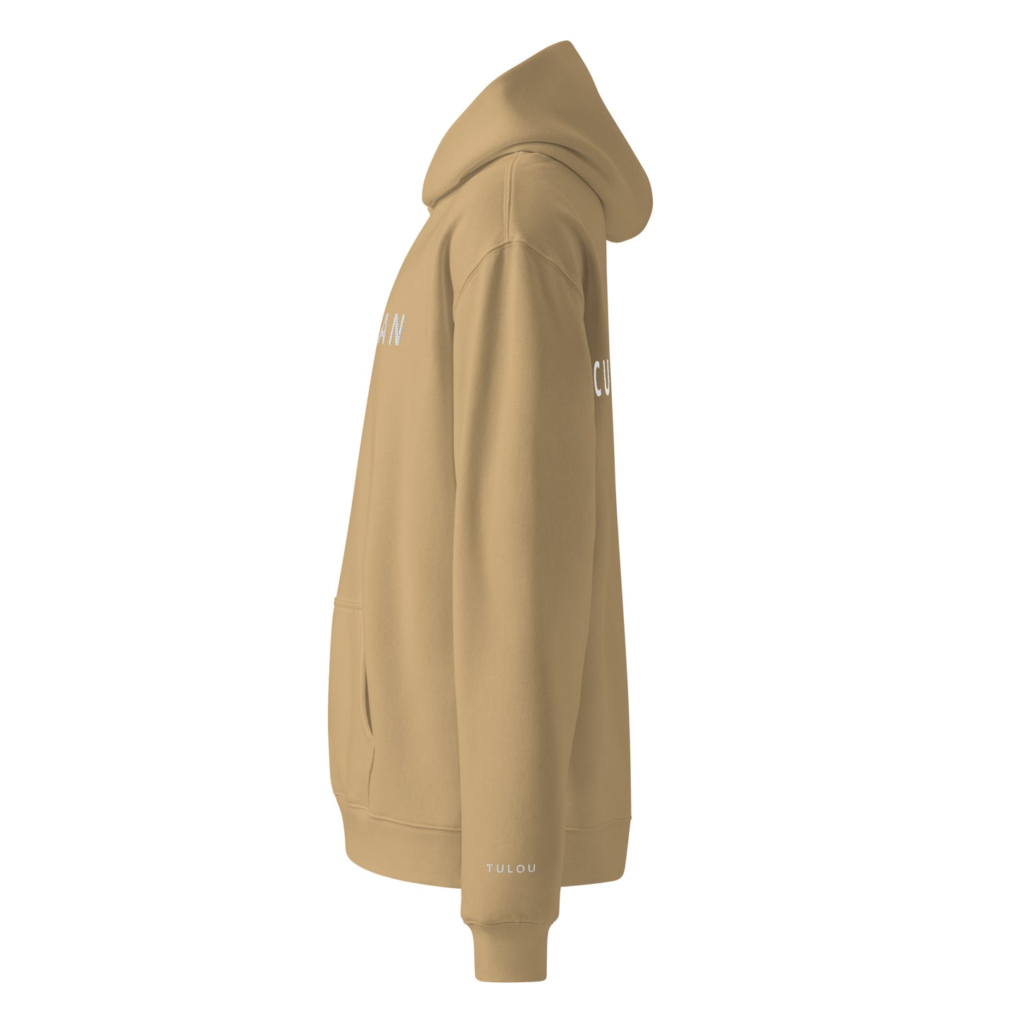 sand color hoodie with a small logo on the sleeve against a white background