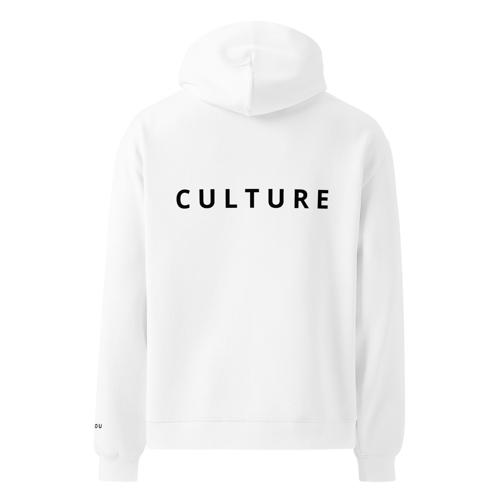 A white pullover hoodie shown from the back, featuring the word 'CULTURE' printed in black sans-serif capital letters across the upper back.