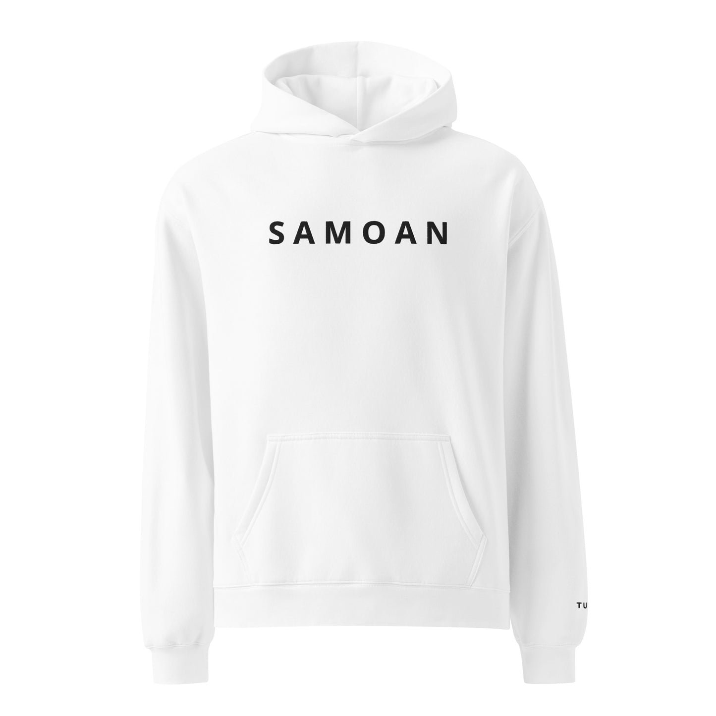 white hoodie with 'Samoan' text on a white background
