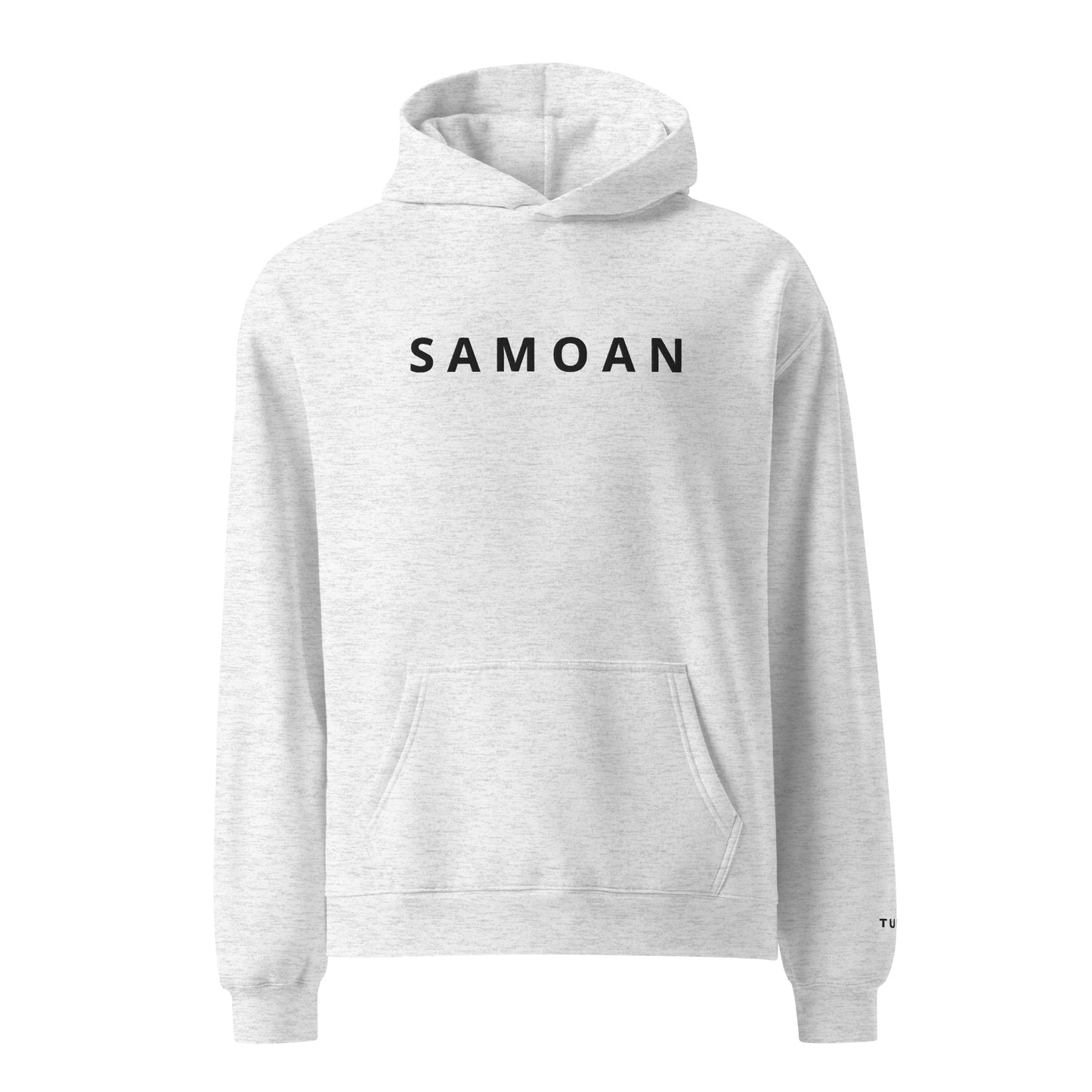 white heather color hoodie with 'Samoan' text on a white background