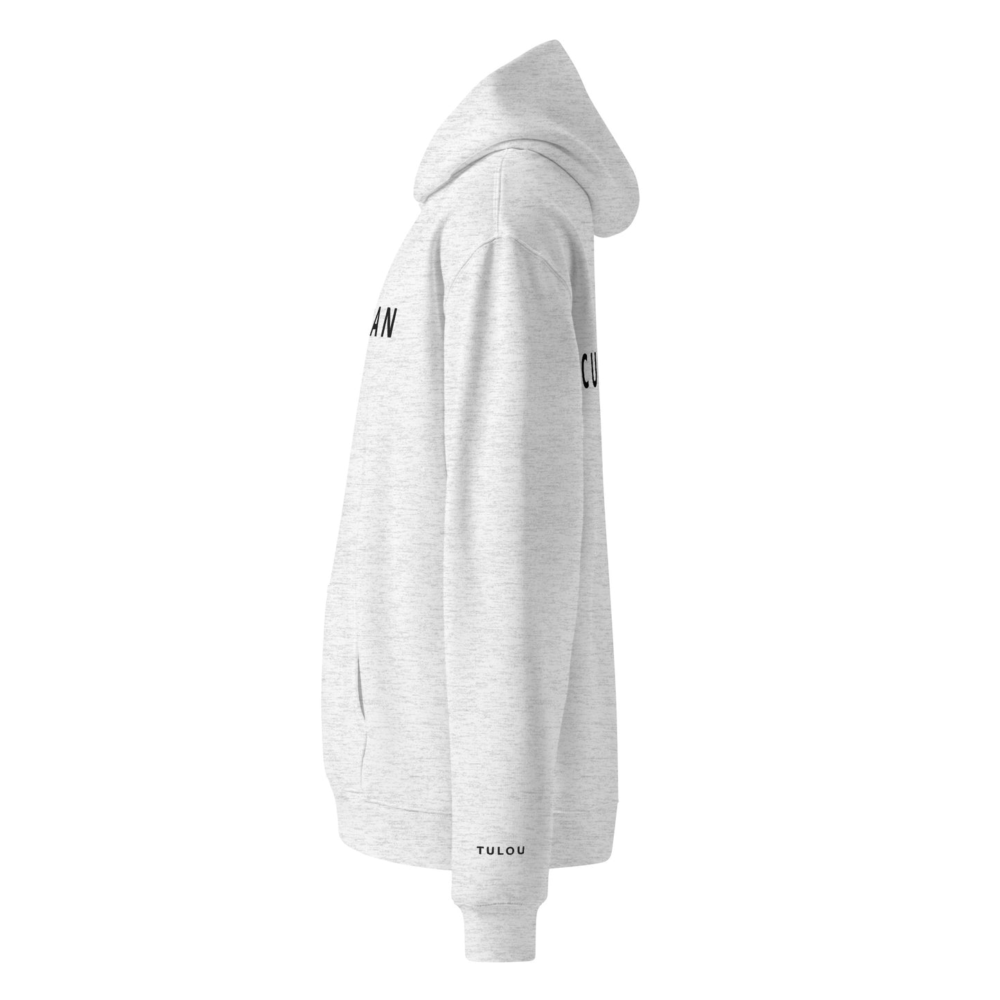 white heather color hoodie with a small logo on the sleeve against a white background