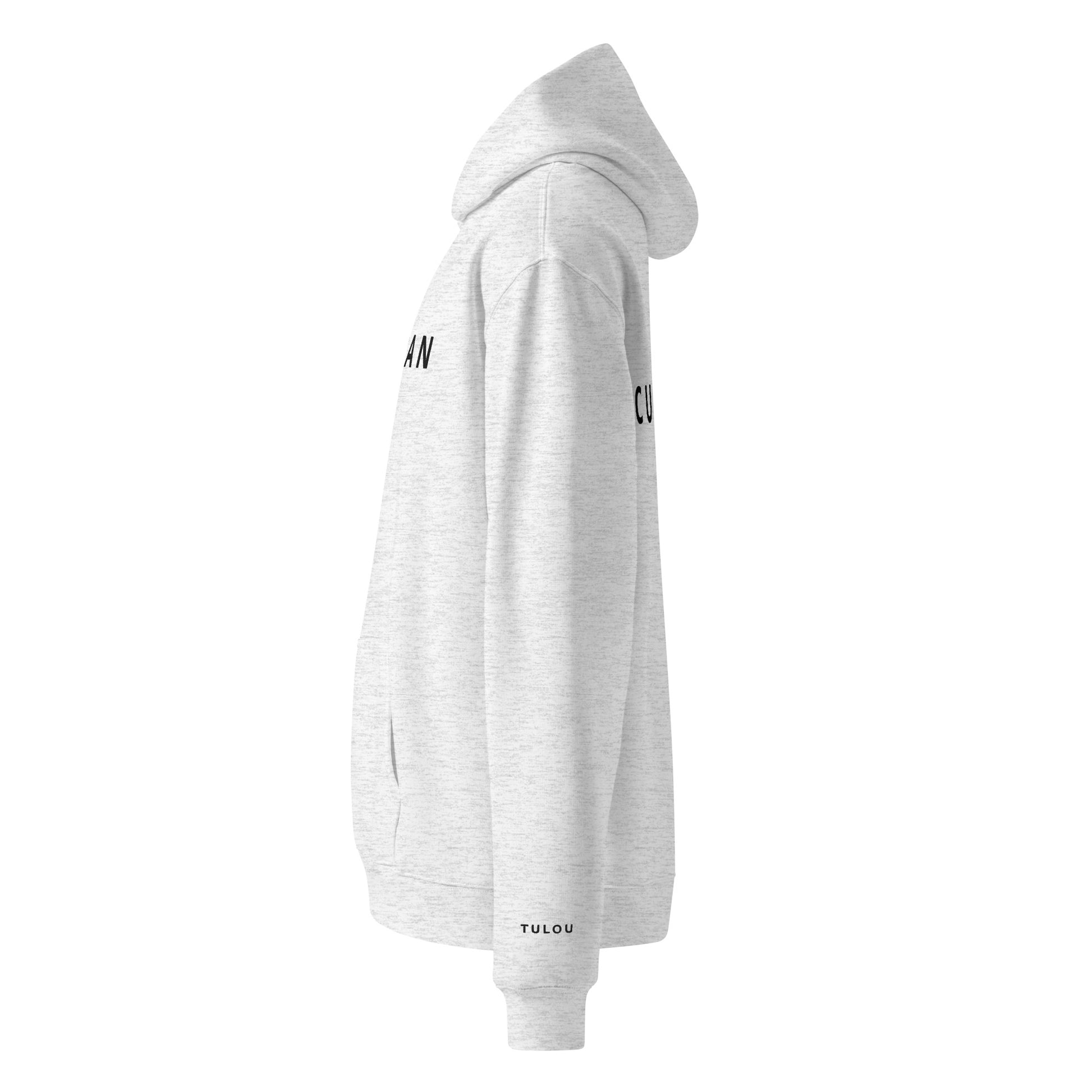 white heather color hoodie with a small logo on the sleeve against a white background