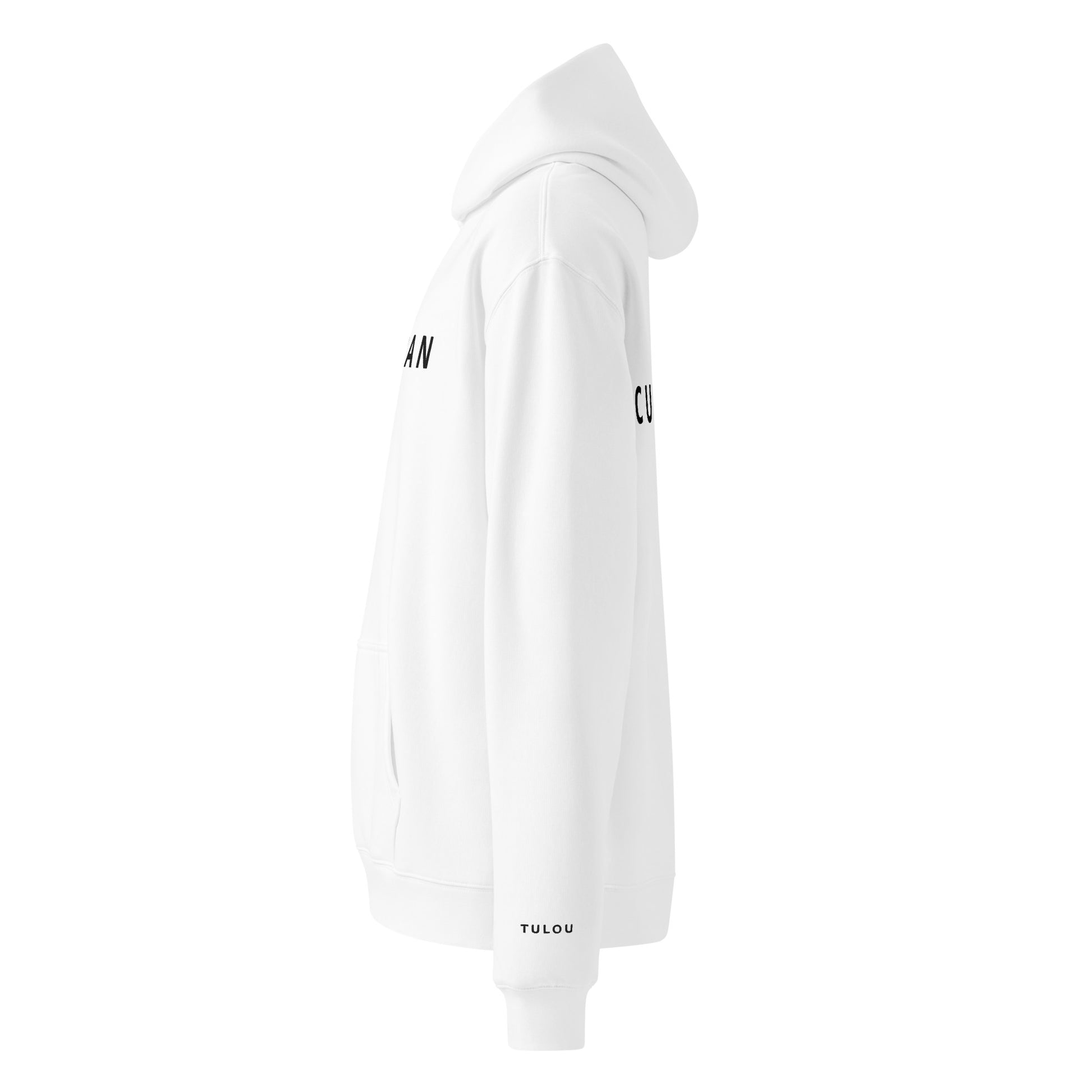 white hoodie with a small logo on the sleeve against a white background