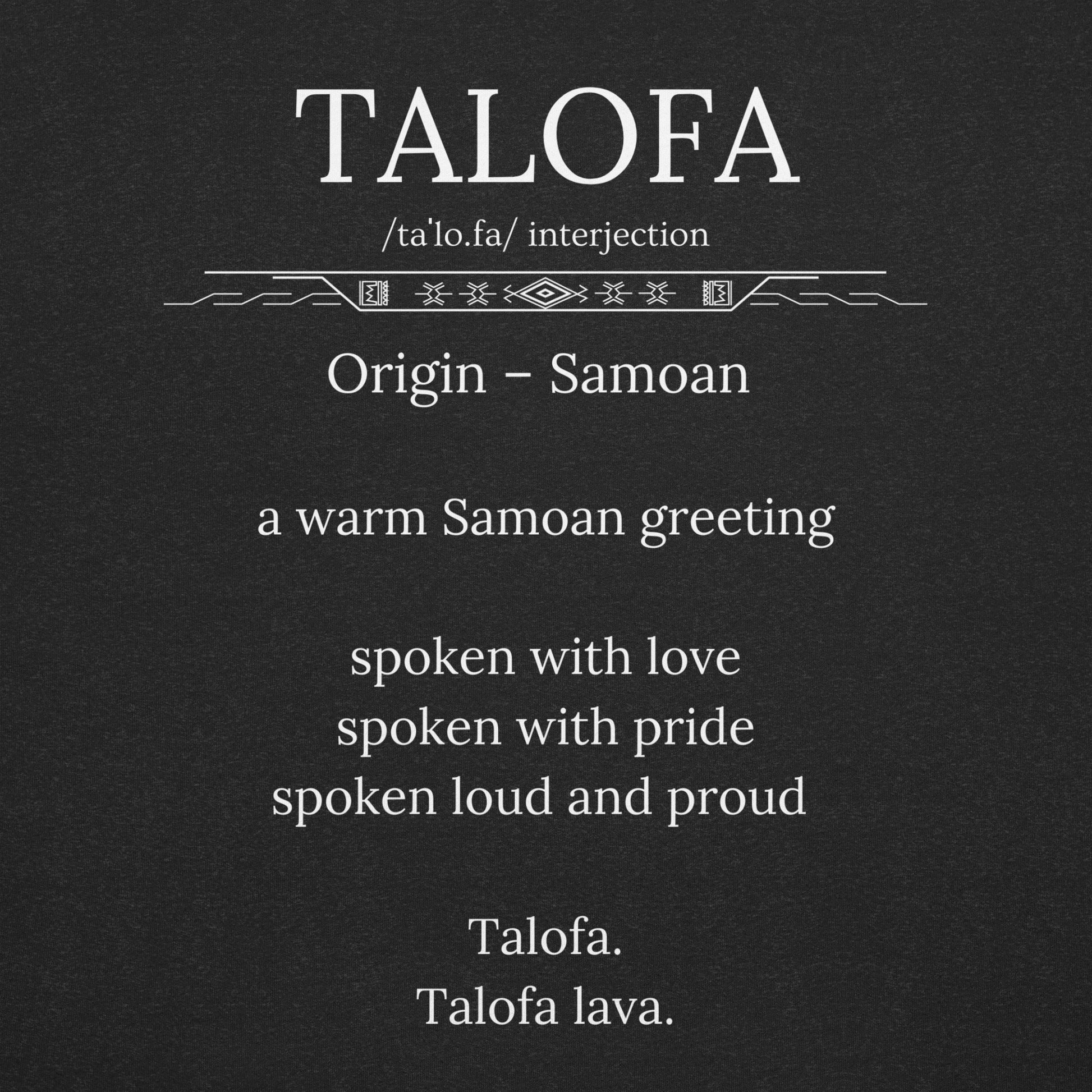 Text about the Samoan greeting 'Talofa' on a black background