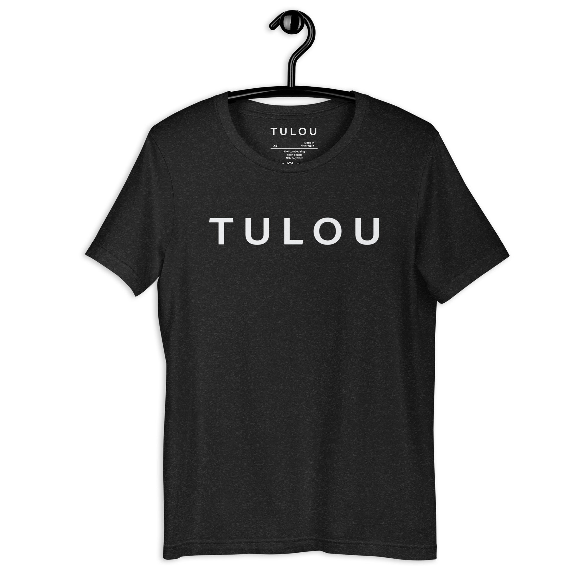 Black shirt with tulou word logo against a white background