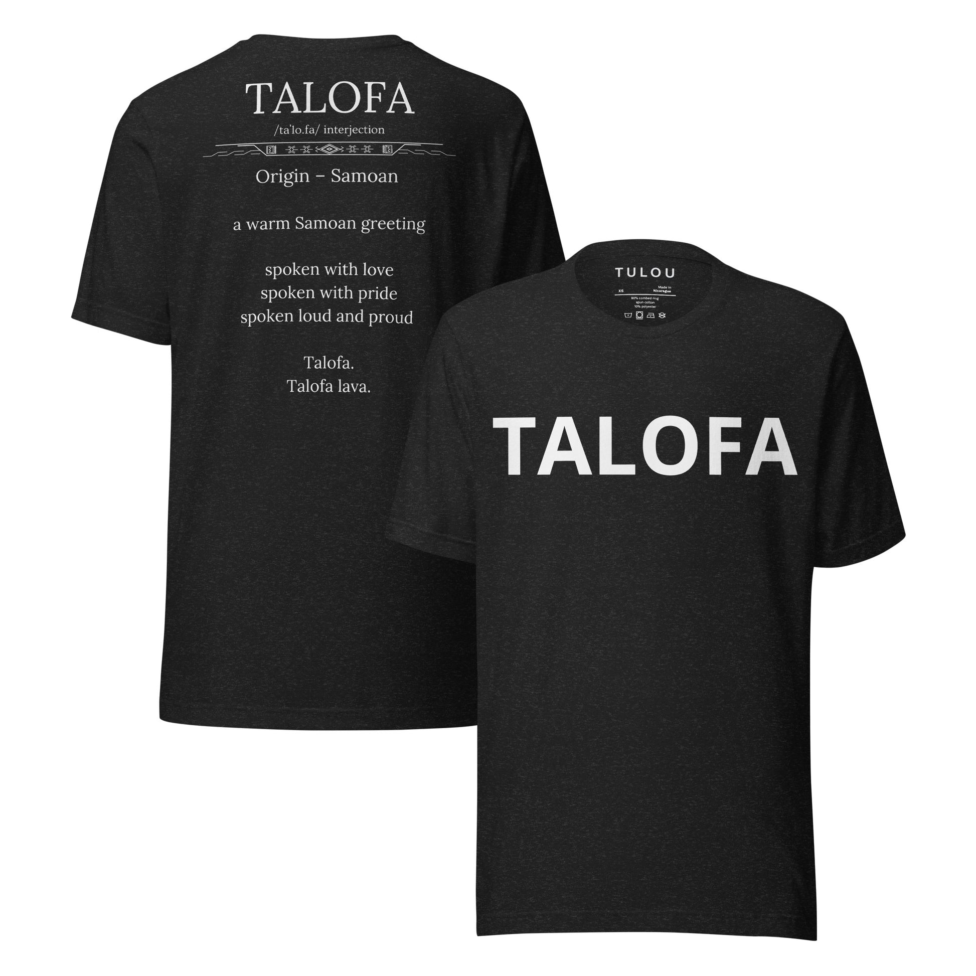 Two black shirt showing back and front. Front showing Talofa text and back showing Talofa text and definition.
