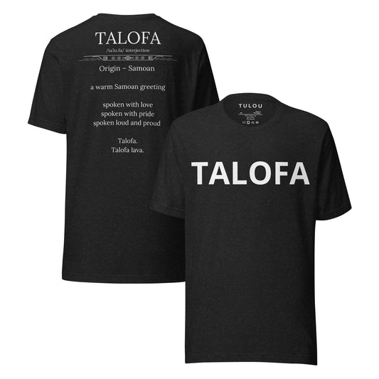Two black shirt showing back and front. Front showing Talofa text and back showing Talofa text and definition.