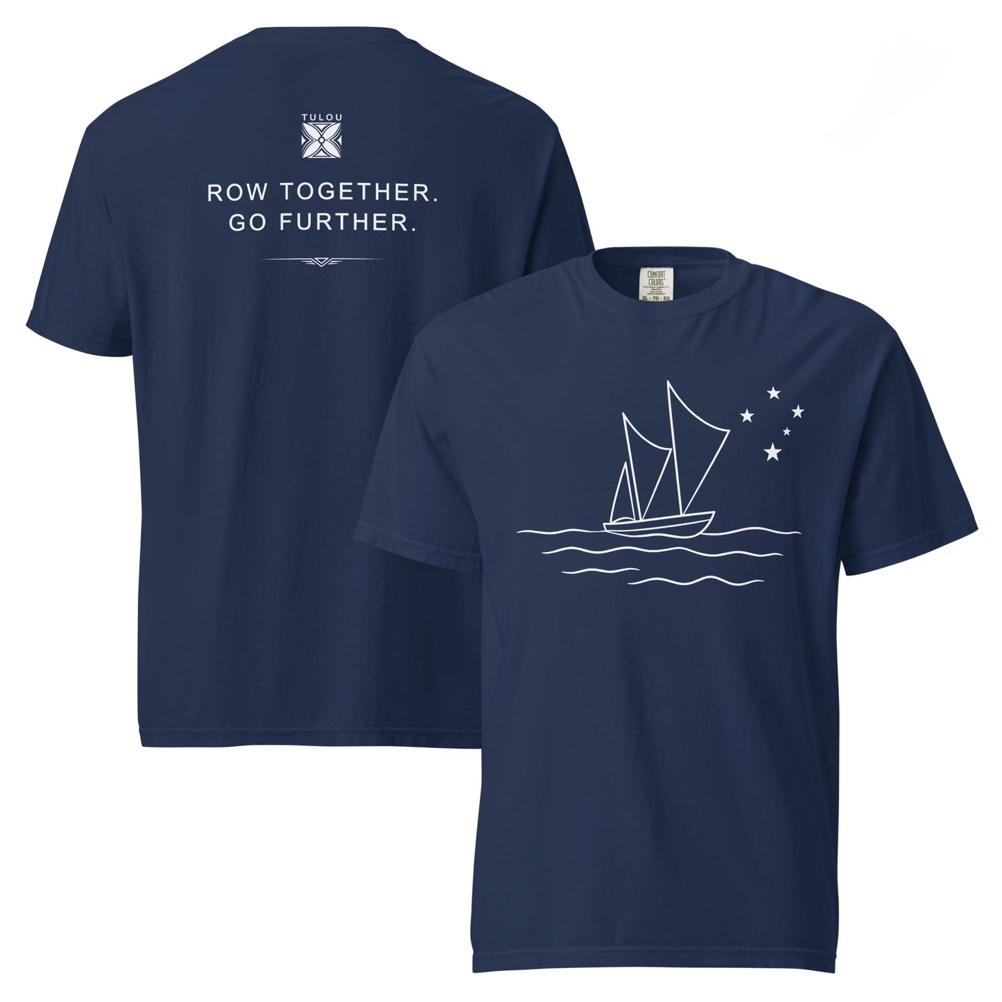 Two Navy blue shirts against a white background. One showing the back with a logo and text that says "ROW TOGETHER. GO FURTHER". and the other showing the front that has Polynesian Boat graphic.