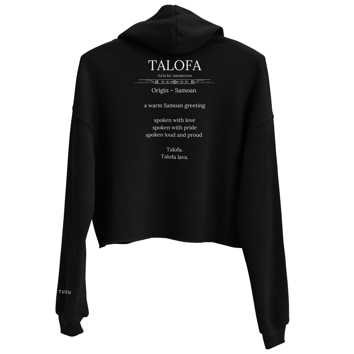 Black hoodie with Talofa text and definition on a white background