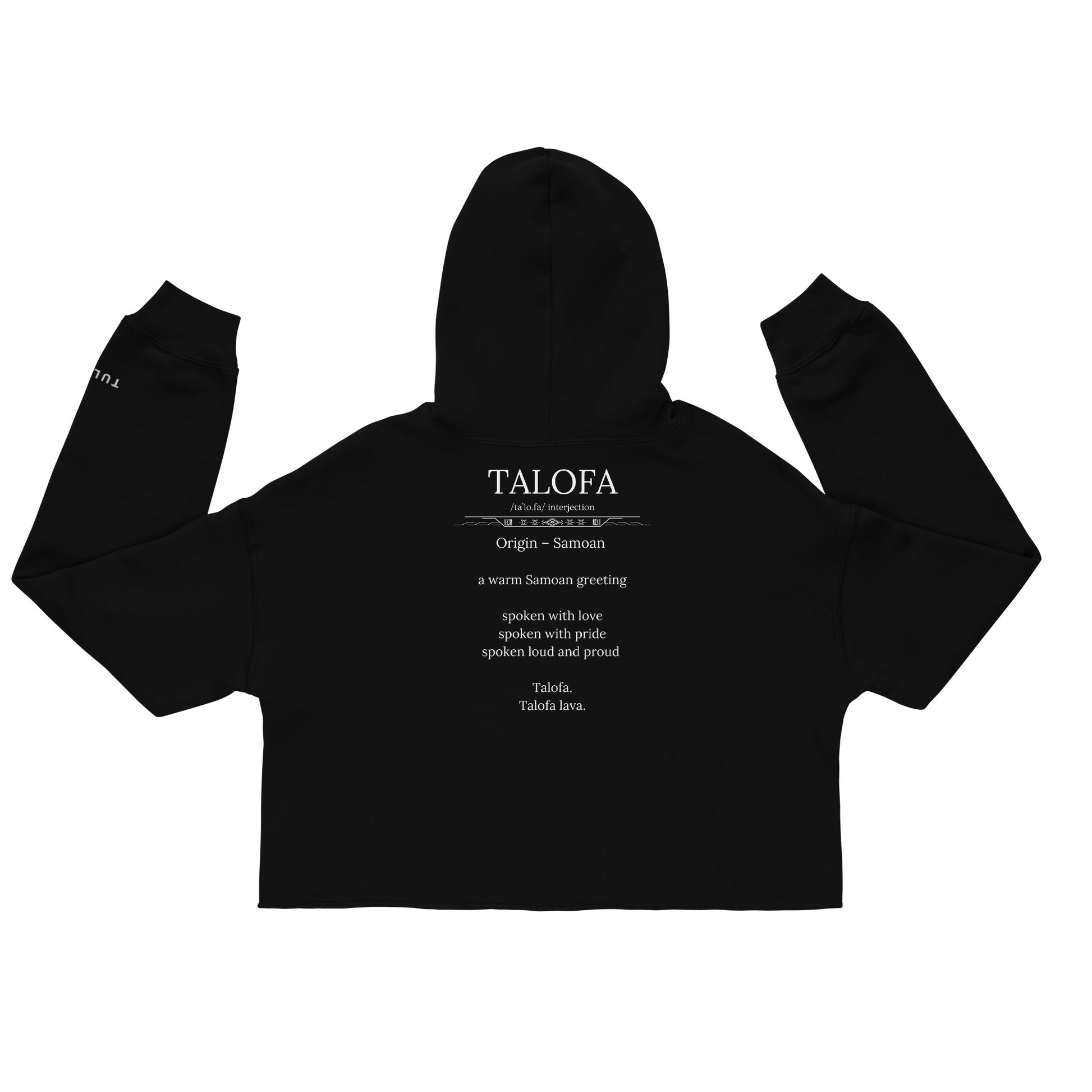 Black cropped hoodie with Talofa text and definition 