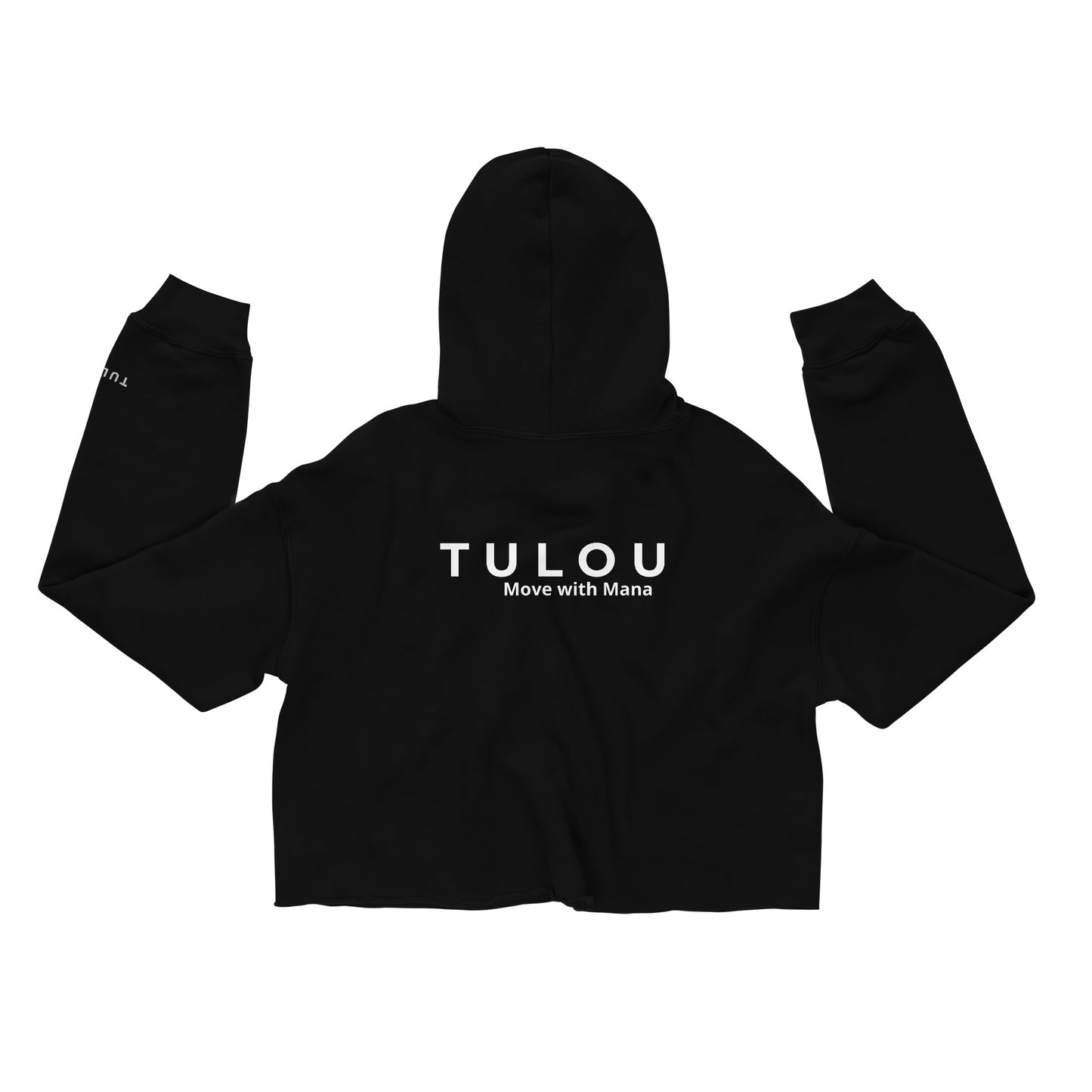 Black Women's Cropped hoodie with Tulou brand and Move with mana phrase