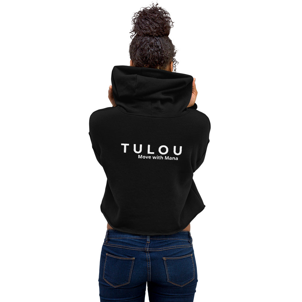 Black Women's Cropped hoodie with Tulou brand and Move with mana phrase