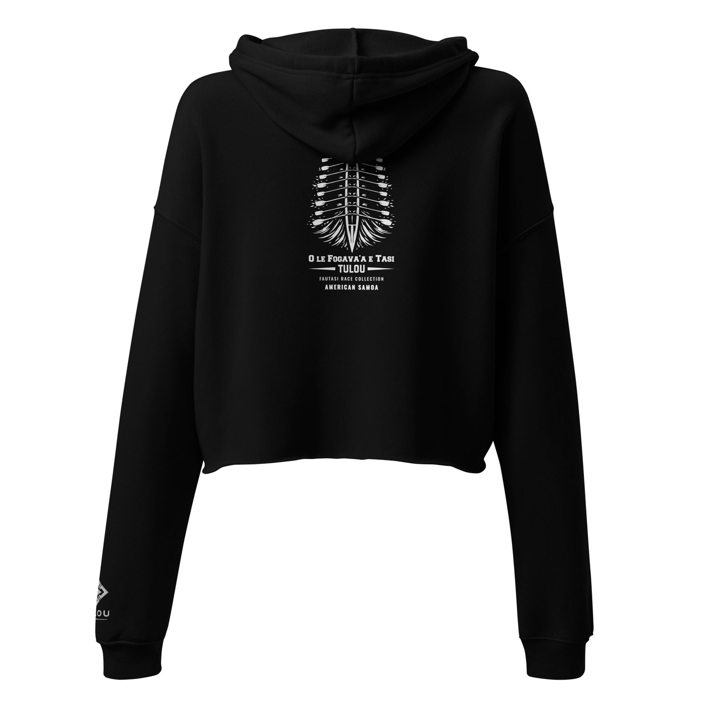 Black Tulou crop hoodie with Fautasi design on a white background