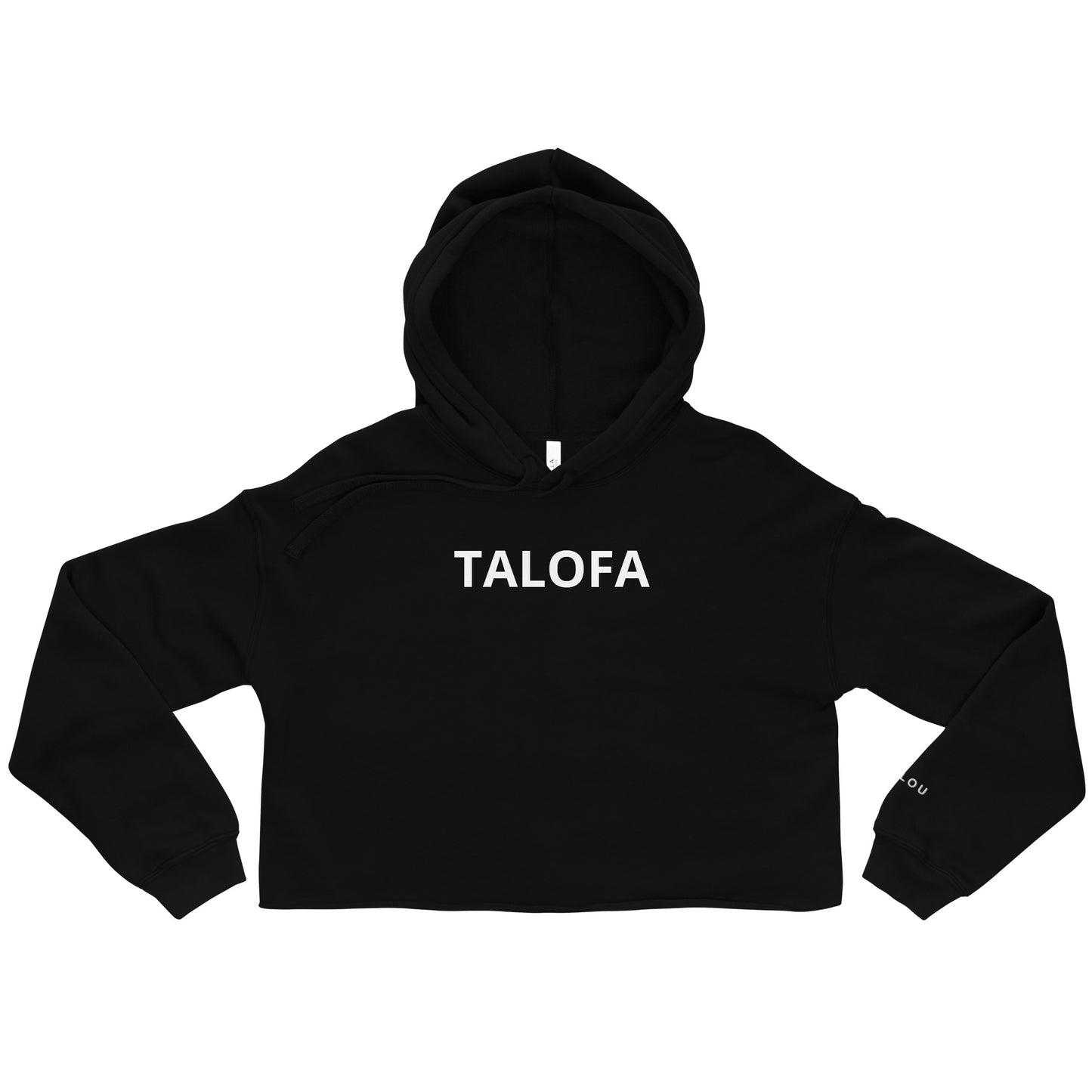 Black cropped hoodie with 'Talofa' text on a white background