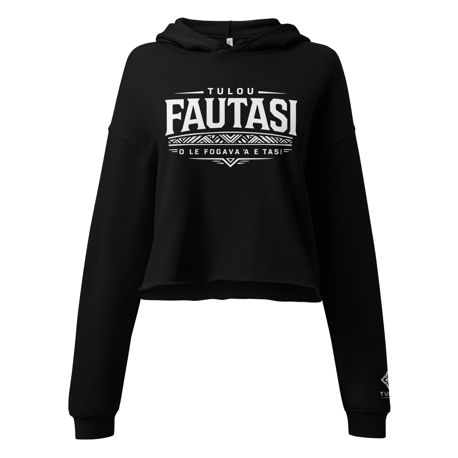 Black hoodie with white text on a white background