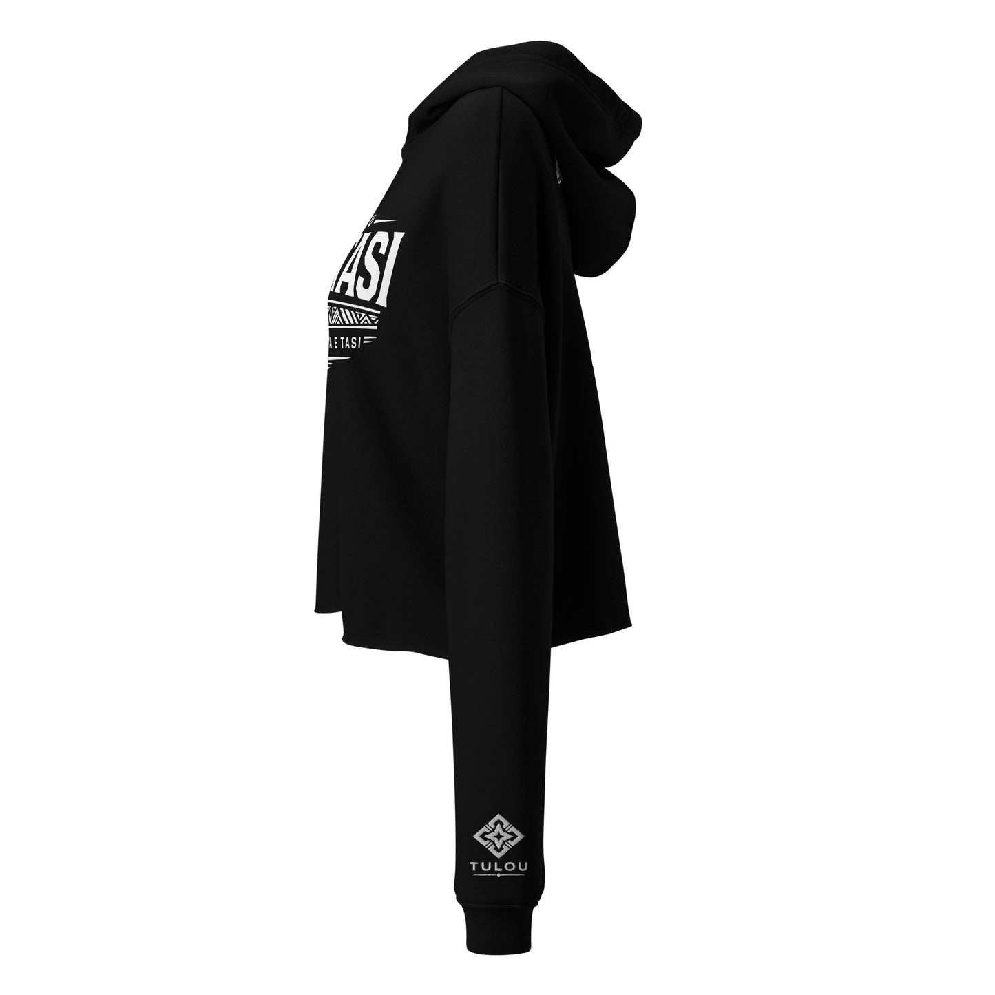 Black hoodie with white design on the sleeve against a white background