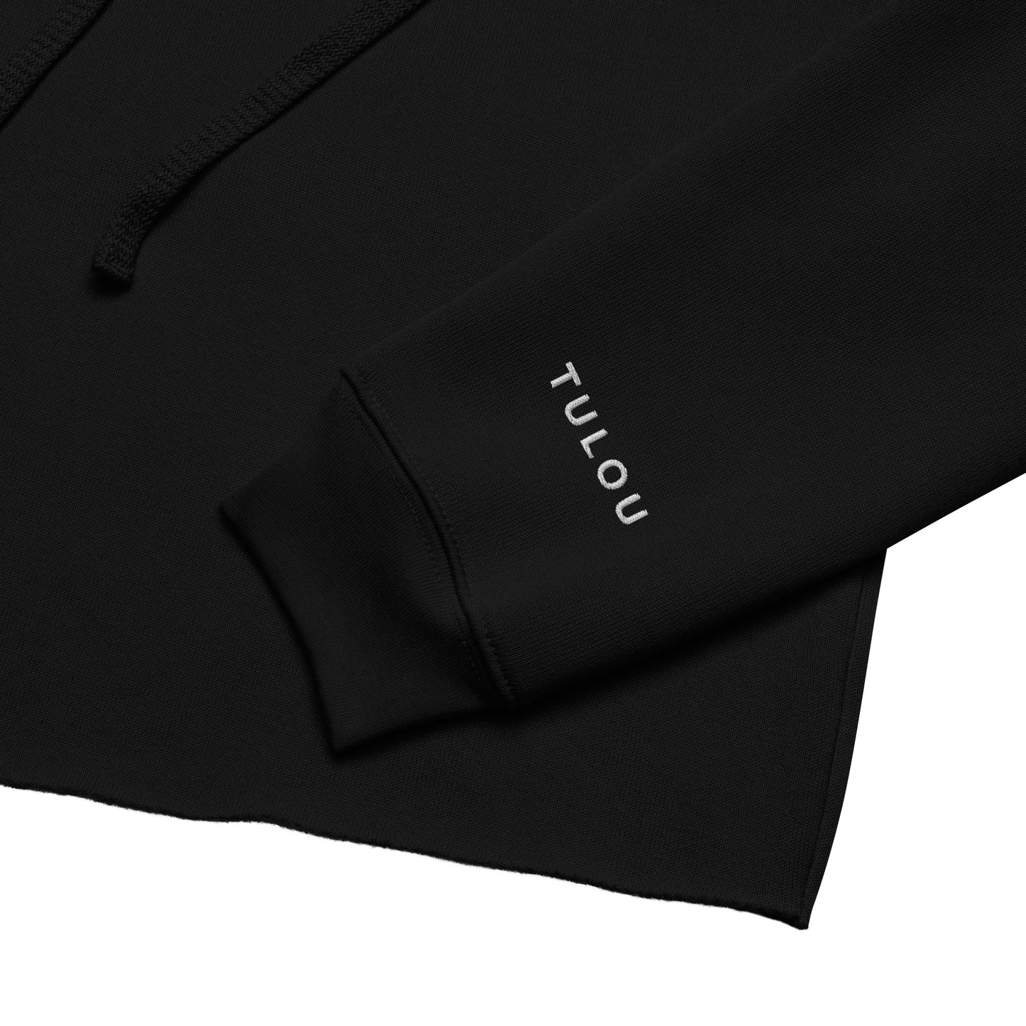 Black sleeve of crop top hoodie with Tulou word brand